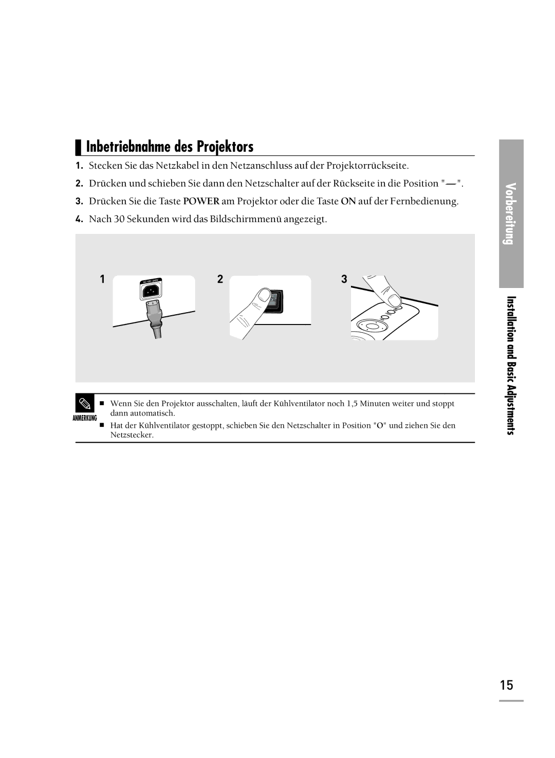 Samsung H500, H710 manual Inbetriebnahme des Projektors, Adjustments, Installation and Basic 