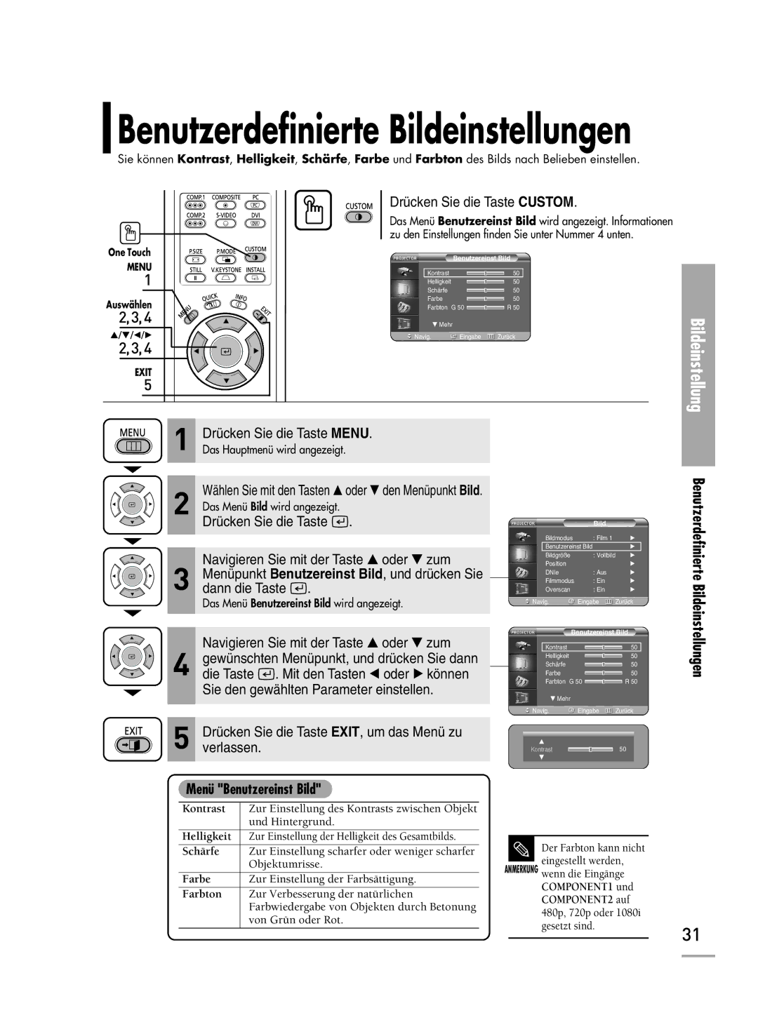 Samsung H500, H710 manual Benutzerdefinierte Bildeinstellungen, Menü Benutzereinst Bild 