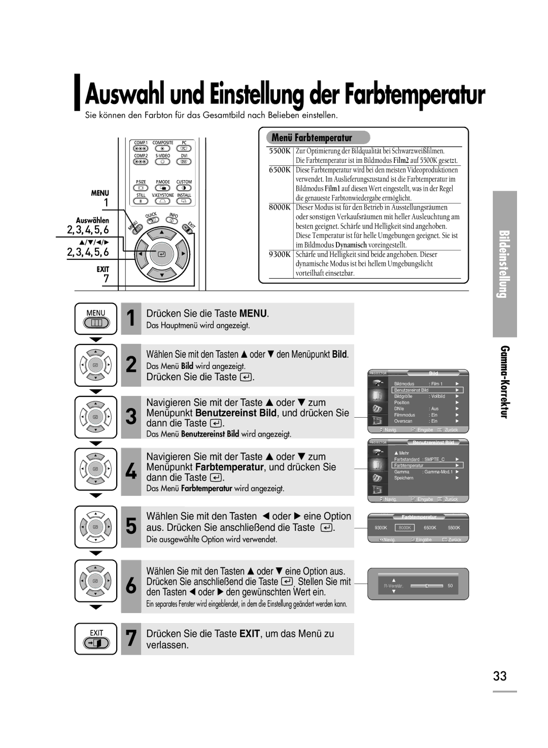 Samsung H500, H710 manual Gamma-Korrektur, Menü Farbtemperatur 