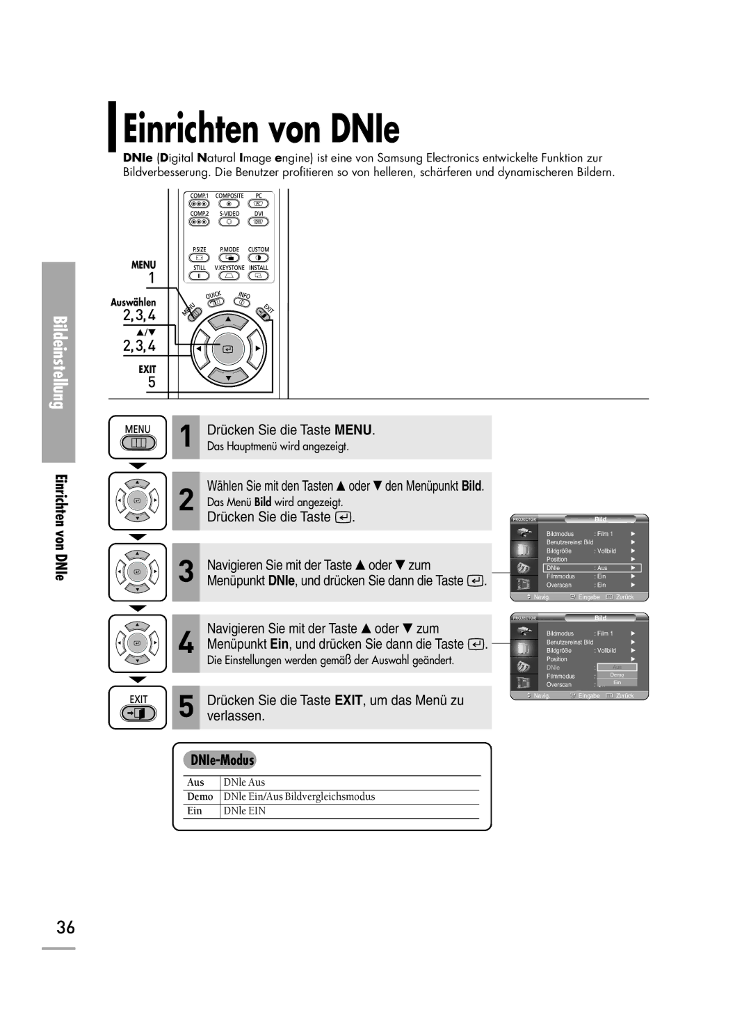 Samsung H710, H500 manual Einrichten von DNIe, DNIe-Modus 