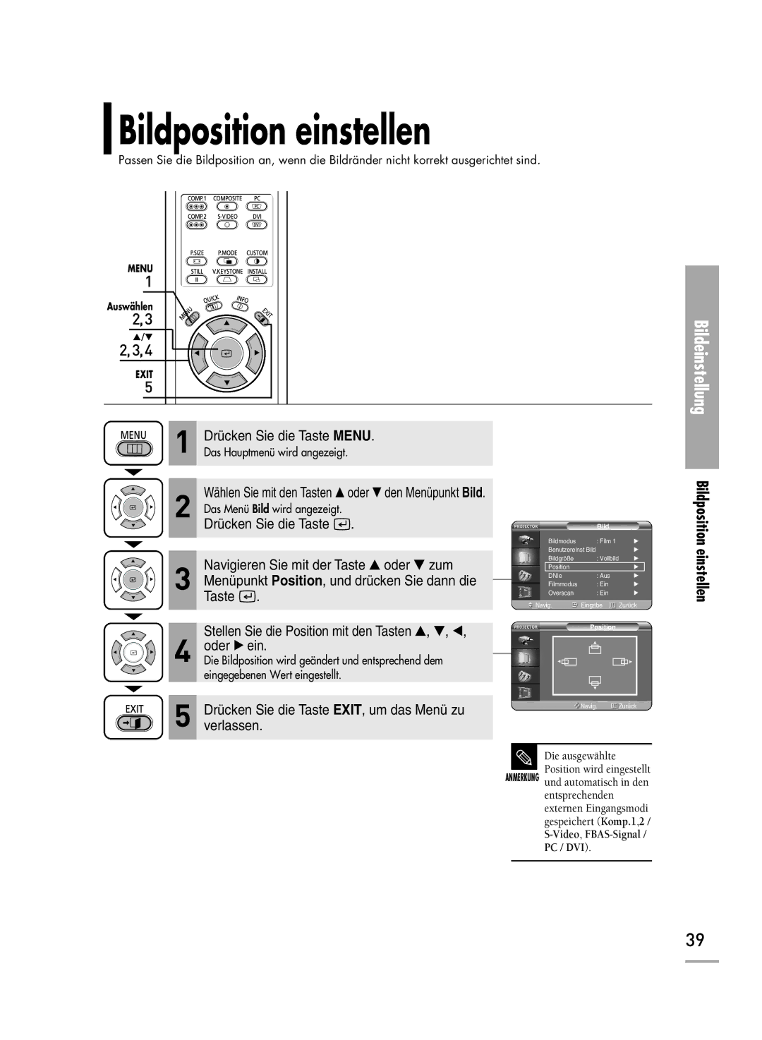 Samsung H500, H710 manual Bildposition einstellen 