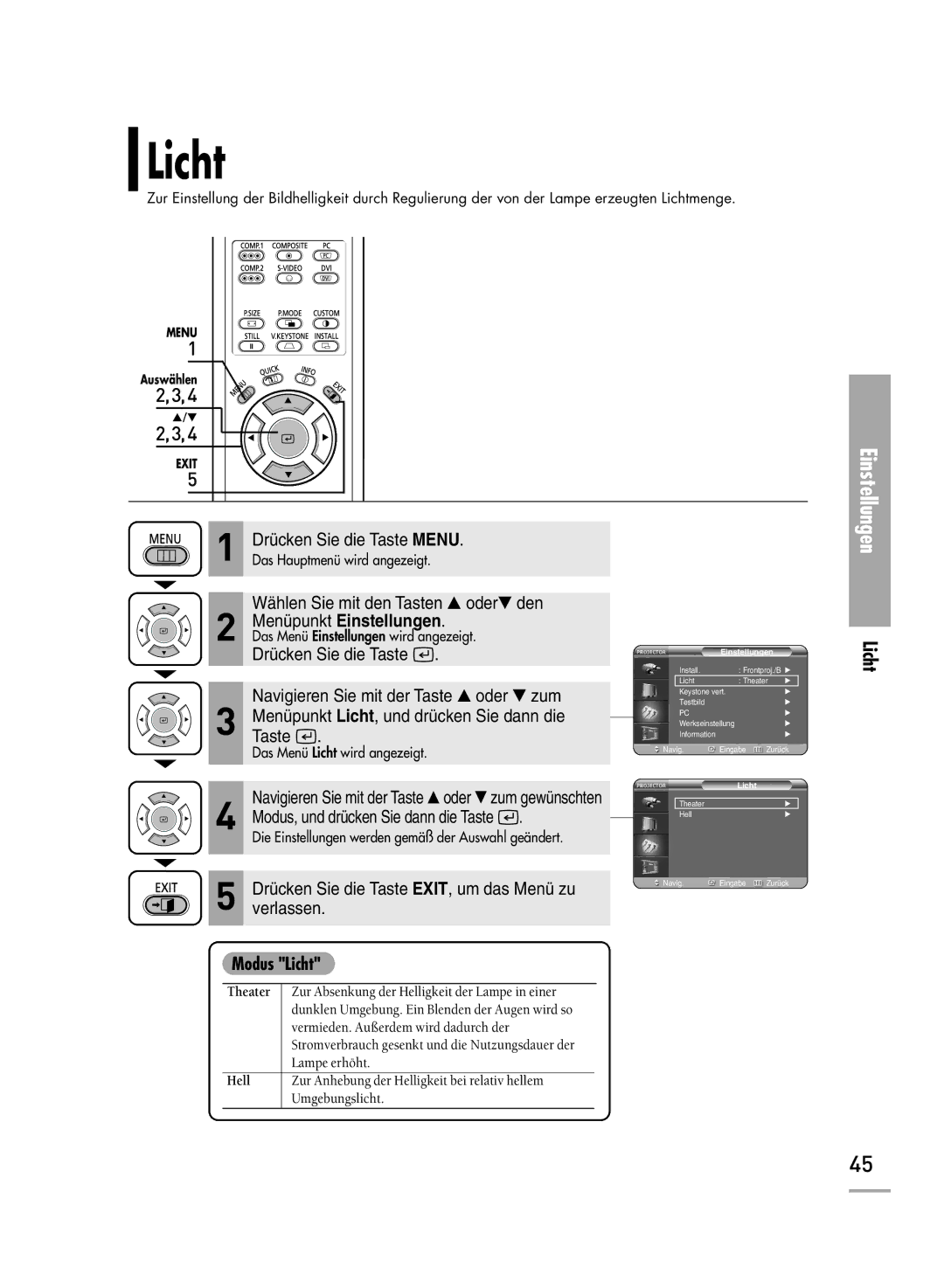 Samsung H500, H710 manual Modus Licht 