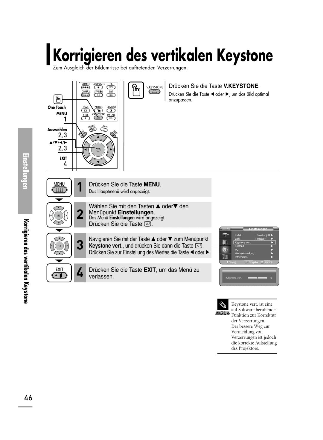 Samsung H710, H500 manual Korrigieren des vertikalen Keystone 