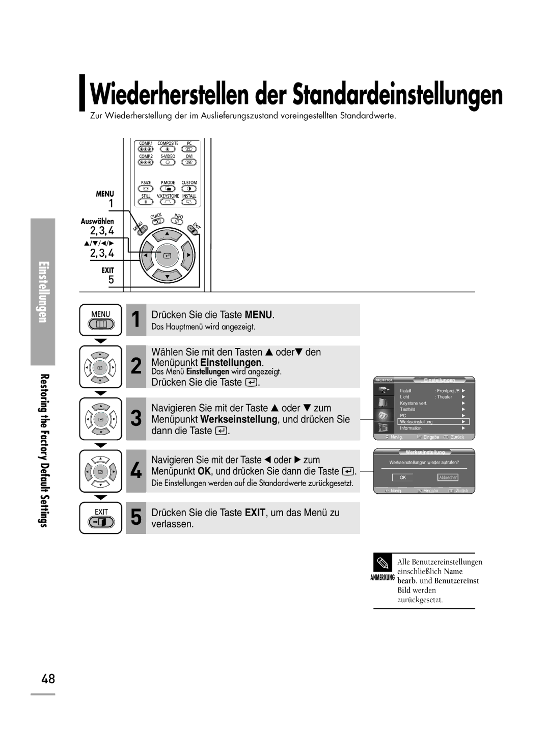 Samsung H710, H500 manual Wiederherstellen der Standardeinstellungen, Restoring the Factory Default Settings 