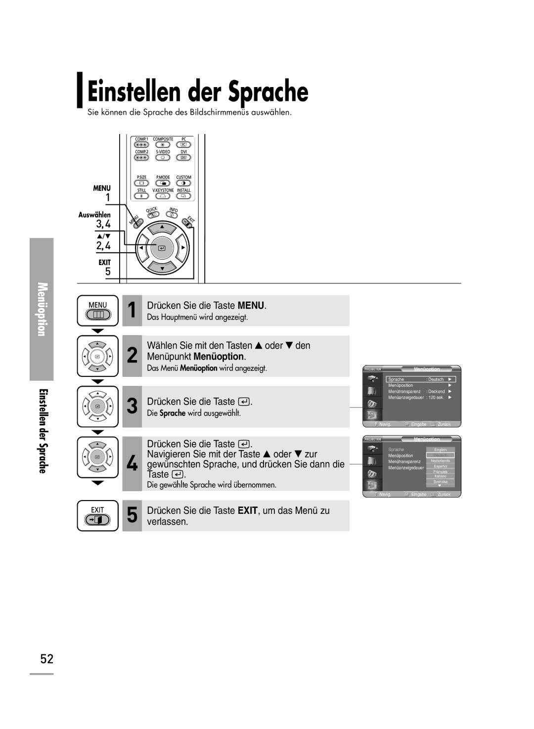 Samsung H710, H500 manual Einstellen der Sprache, Menüoption 