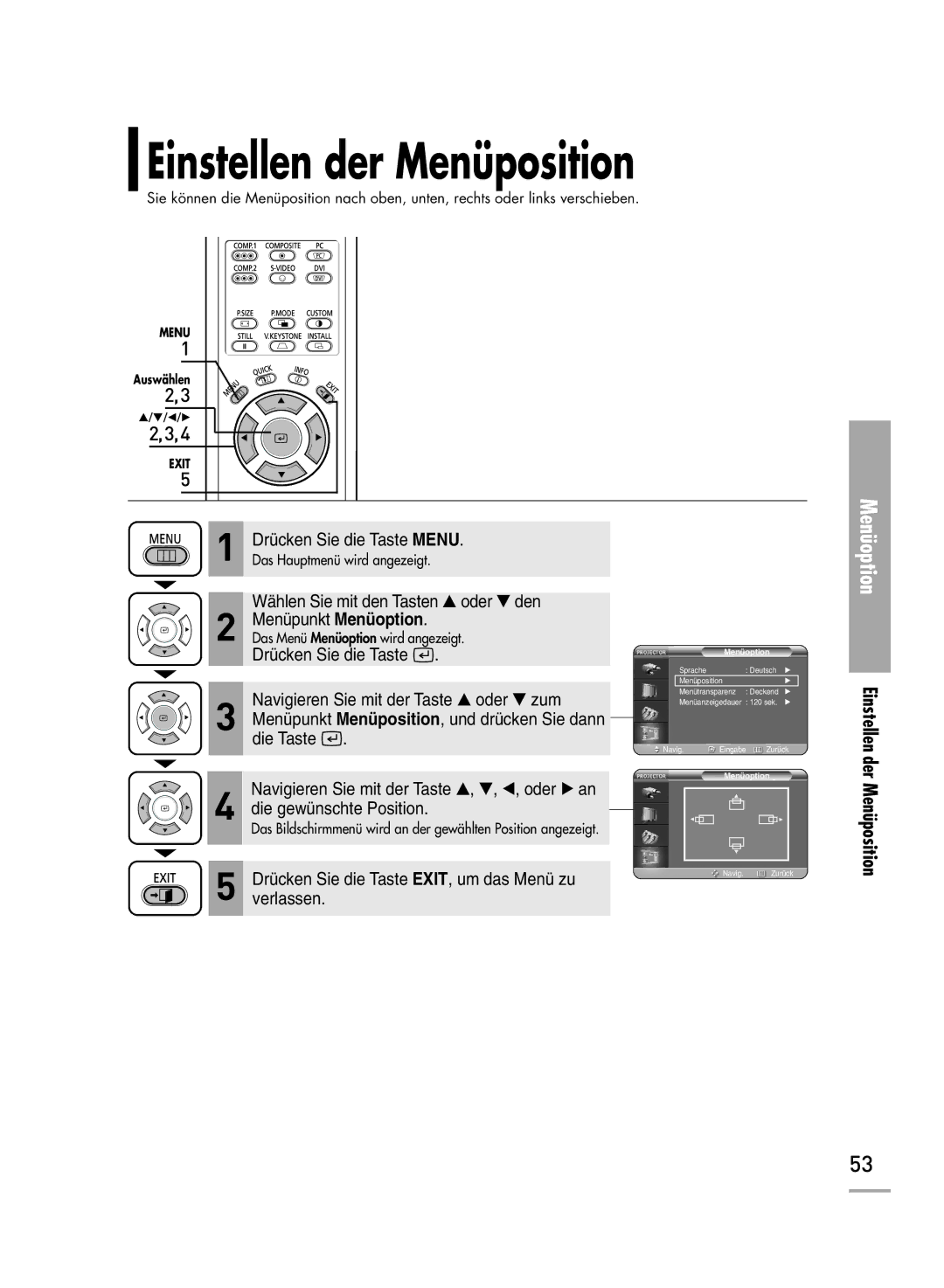 Samsung H500, H710 manual Einstellen der Menüposition 