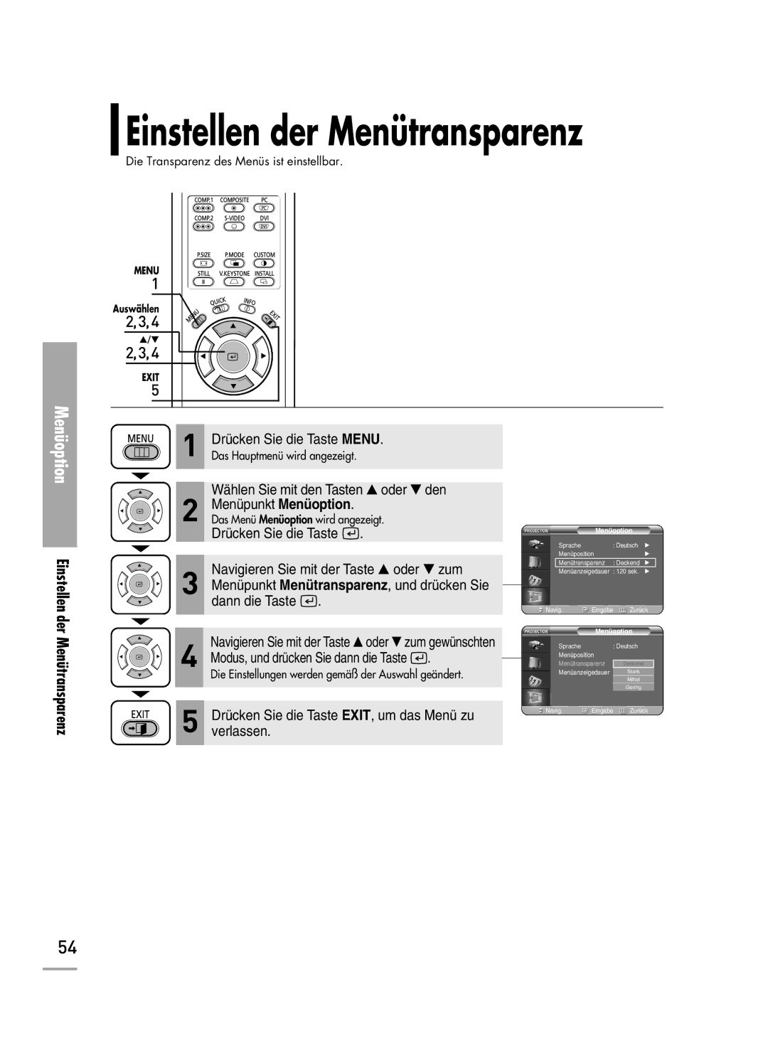 Samsung H710, H500 manual Einstellen der Menütransparenz 