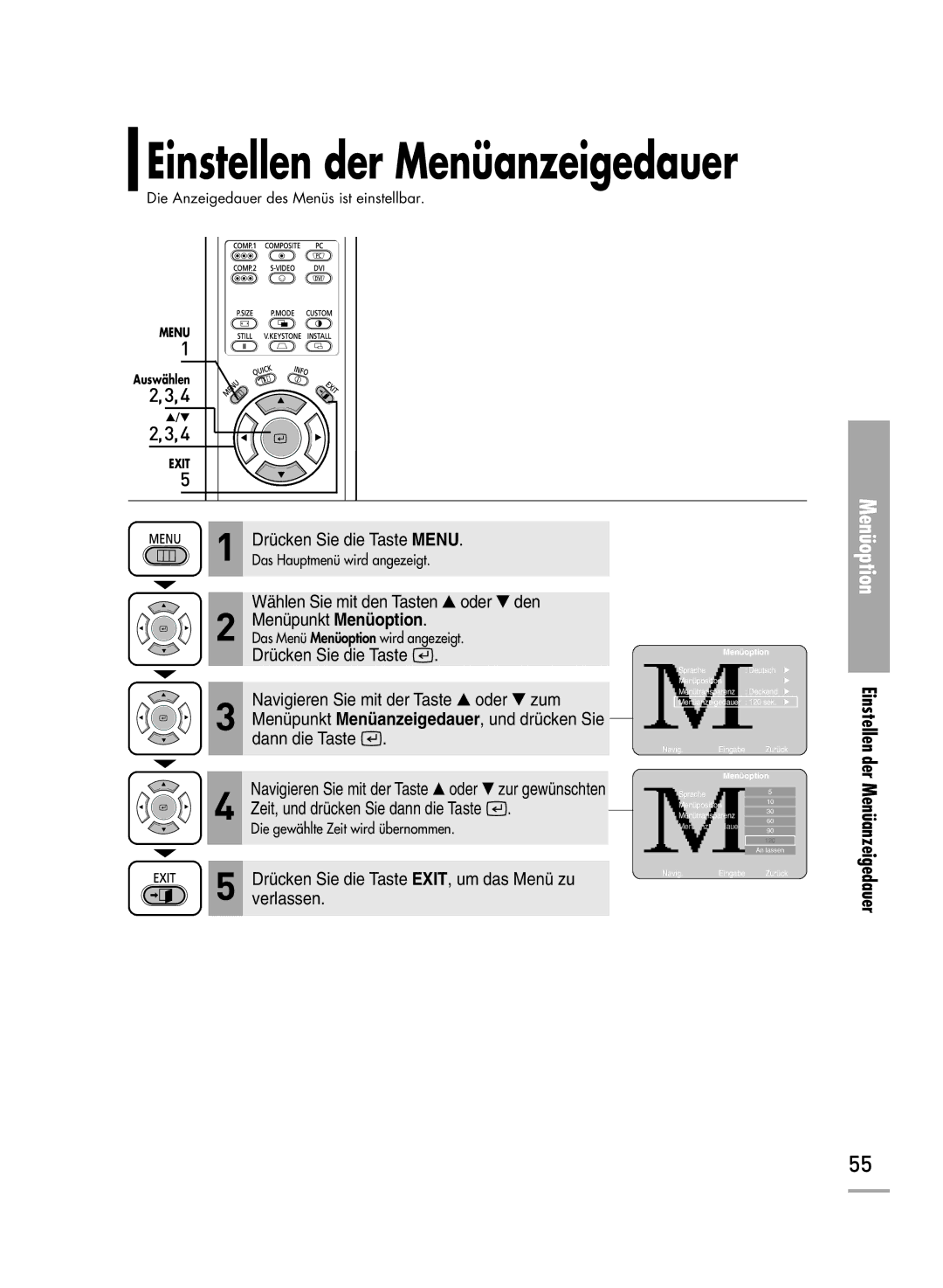 Samsung H500, H710 manual Einstellen der Menüanzeigedauer 