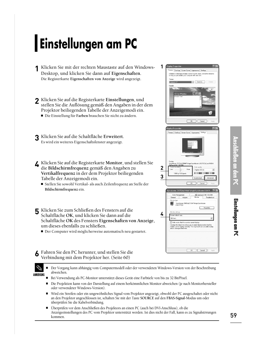 Samsung H500, H710 manual Einstellungen am PC, Die Einstellung für Farben brauchen Sie nicht zu ändern 