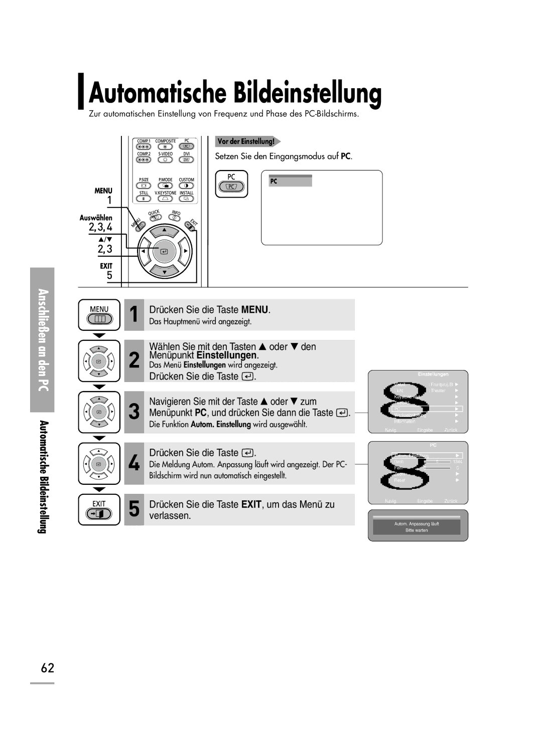 Samsung H710, H500 manual Anschließen an den PC Automatische Bildeinstellung 