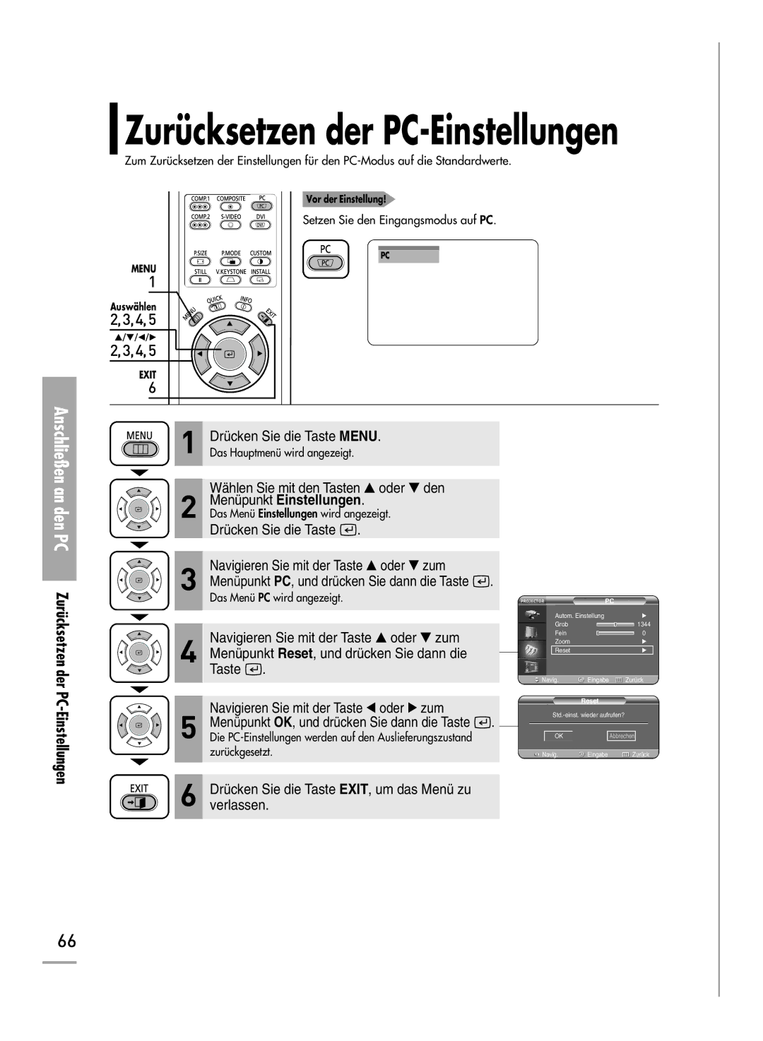 Samsung H710, H500 manual Anschließen an den PC Zurücksetzen der PC-Einstellungen 