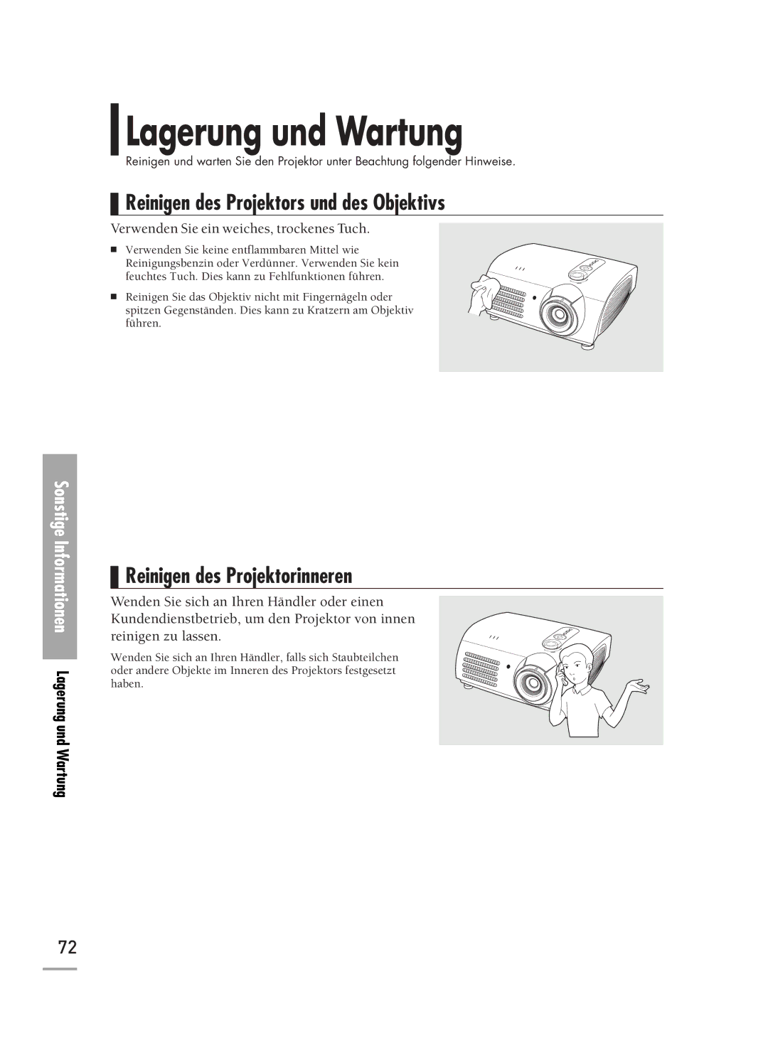 Samsung H710, H500 manual Lagerung und Wartung, Reinigen des Projektors und des Objektivs, Reinigen des Projektorinneren 