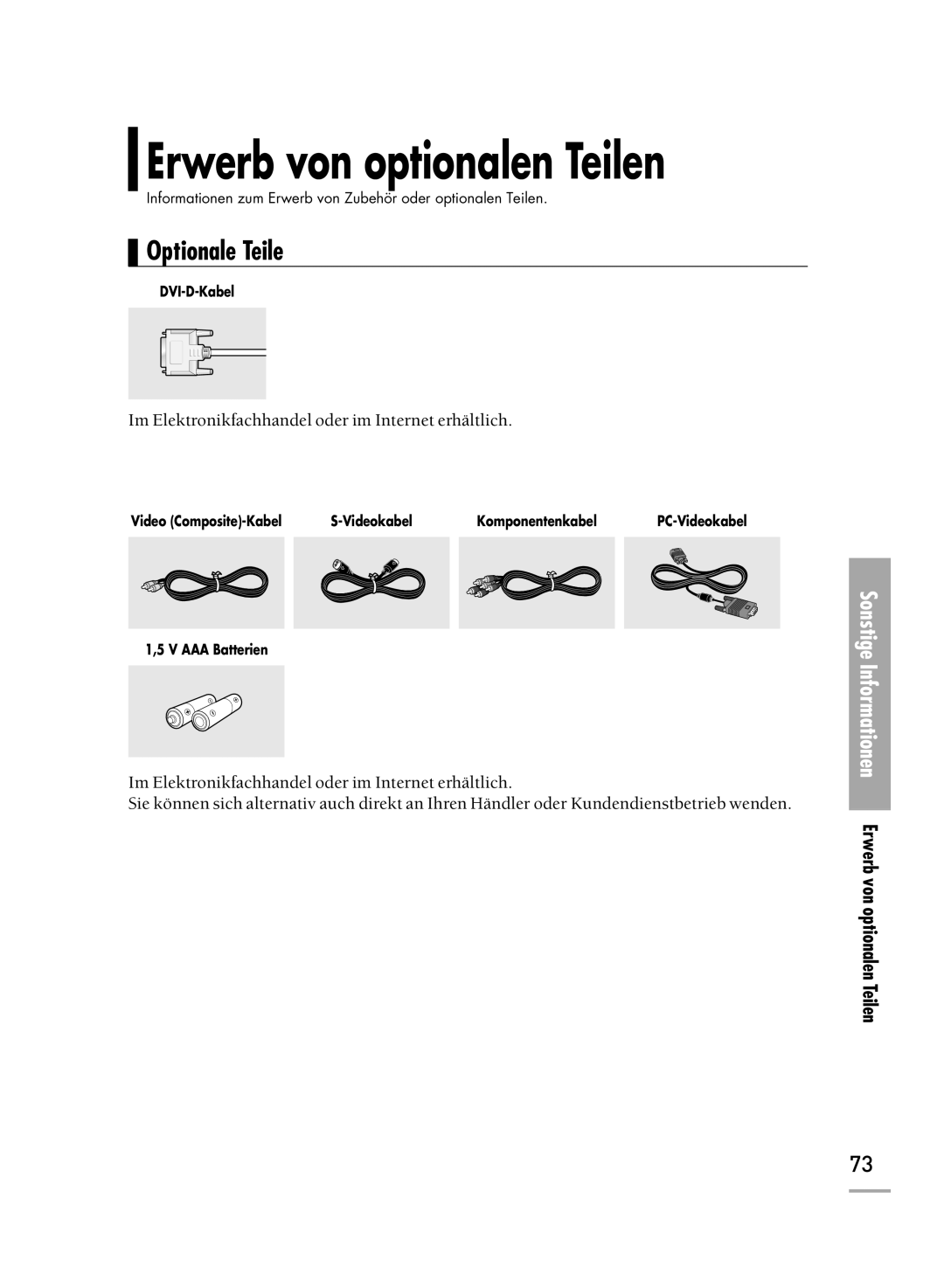 Samsung H500, H710 manual Optionale Teile, Sonstige Informationen Erwerb von optionalen Teilen 