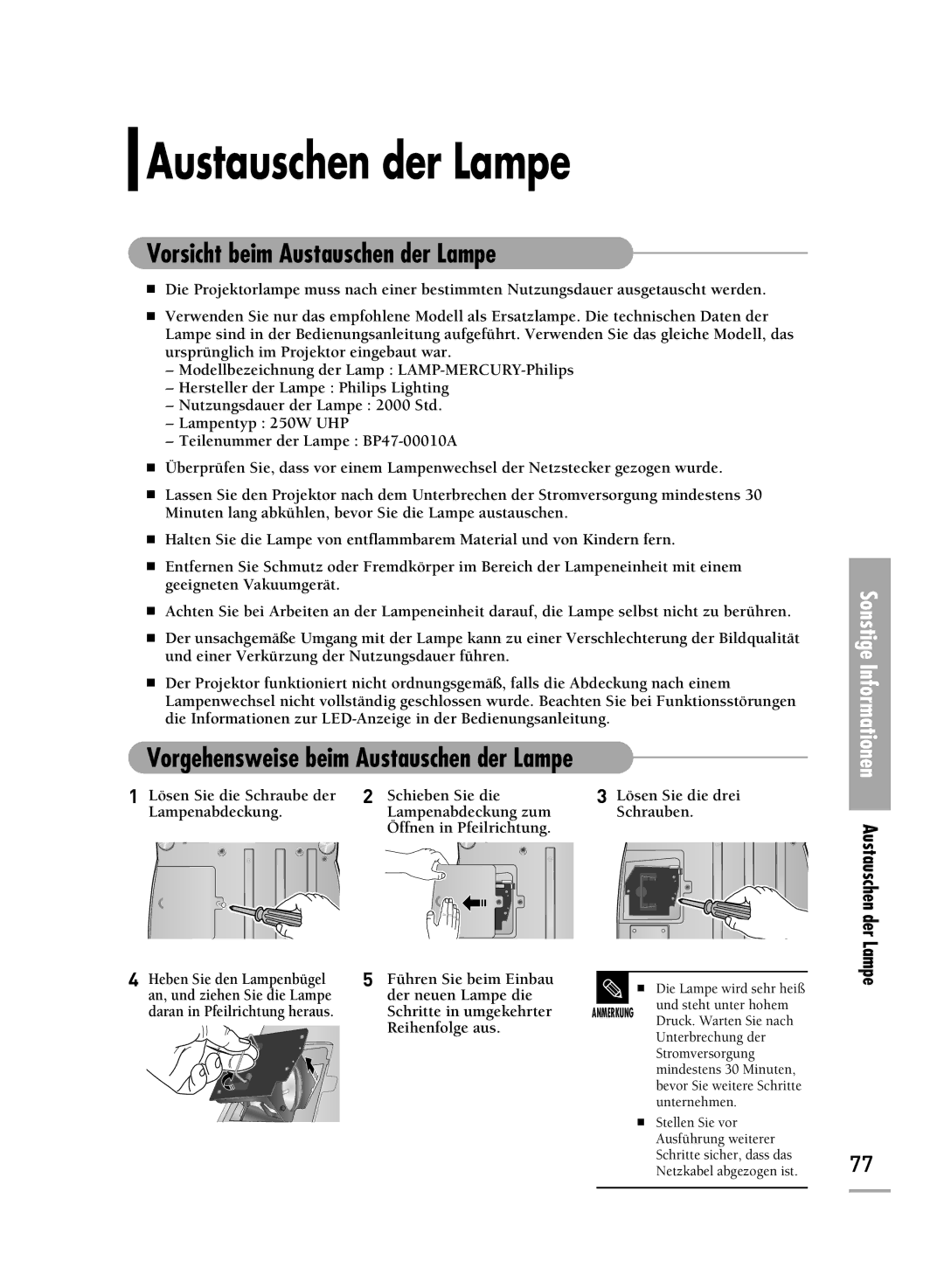 Samsung H500, H710 manual Vorgehensweise beim Austauschen der Lampe 