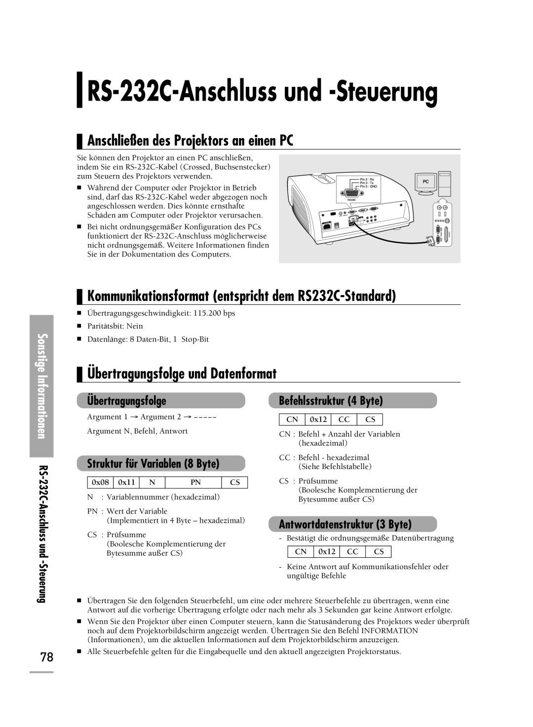 Samsung H710, H500 Anschließen des Projektors an einen PC, Kommunikationsformat entspricht dem RS232C-Standard, Steuerung 