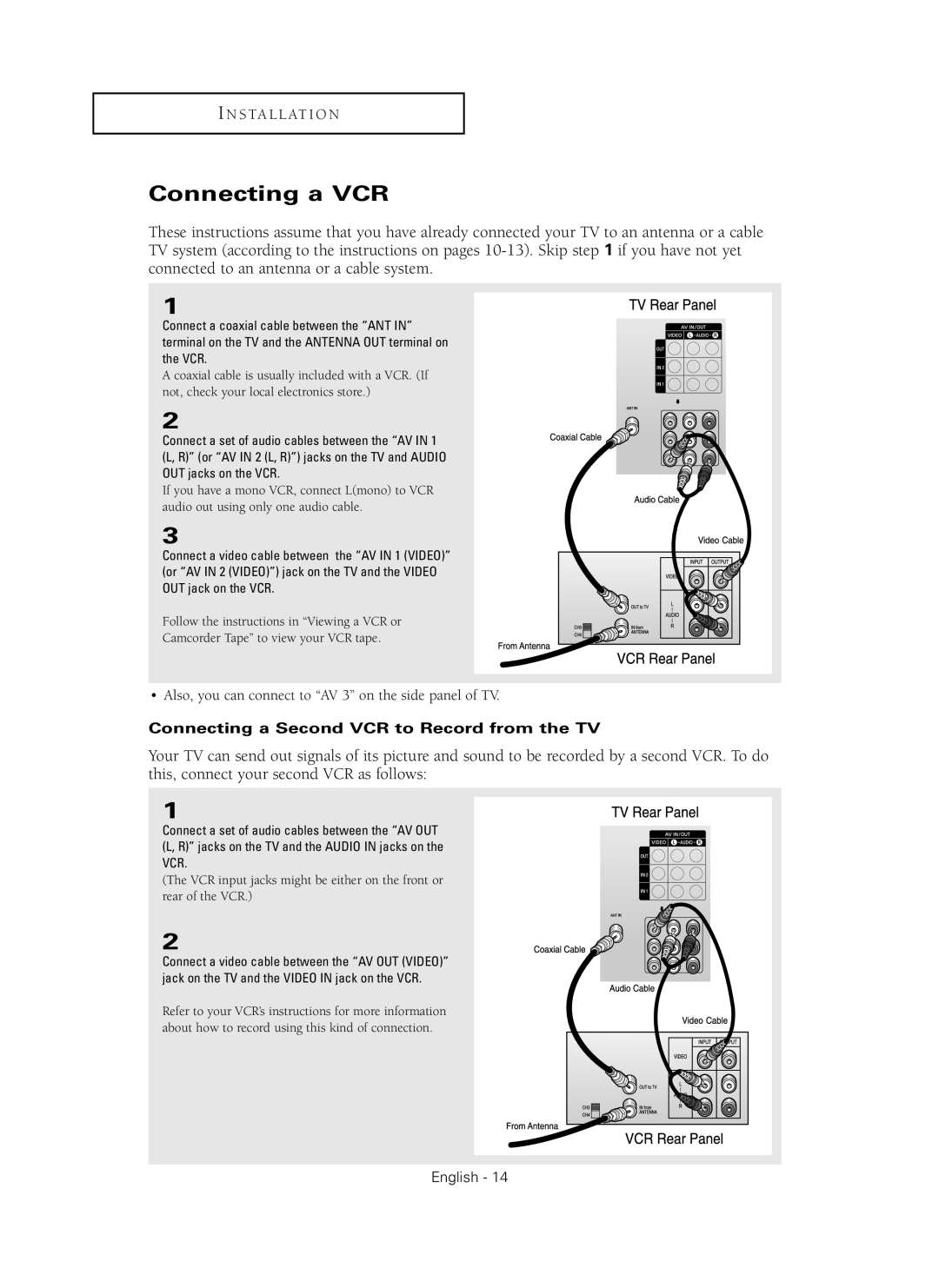 Samsung HC-P4241W manual Connecting a VCR, Connecting a Second VCR to Record from the TV 