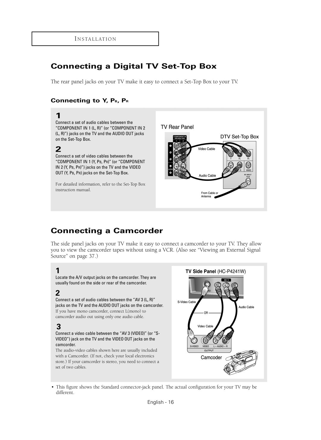 Samsung HC-P4241W manual Connecting a Digital TV Set-Top Box, Connecting a Camcorder 