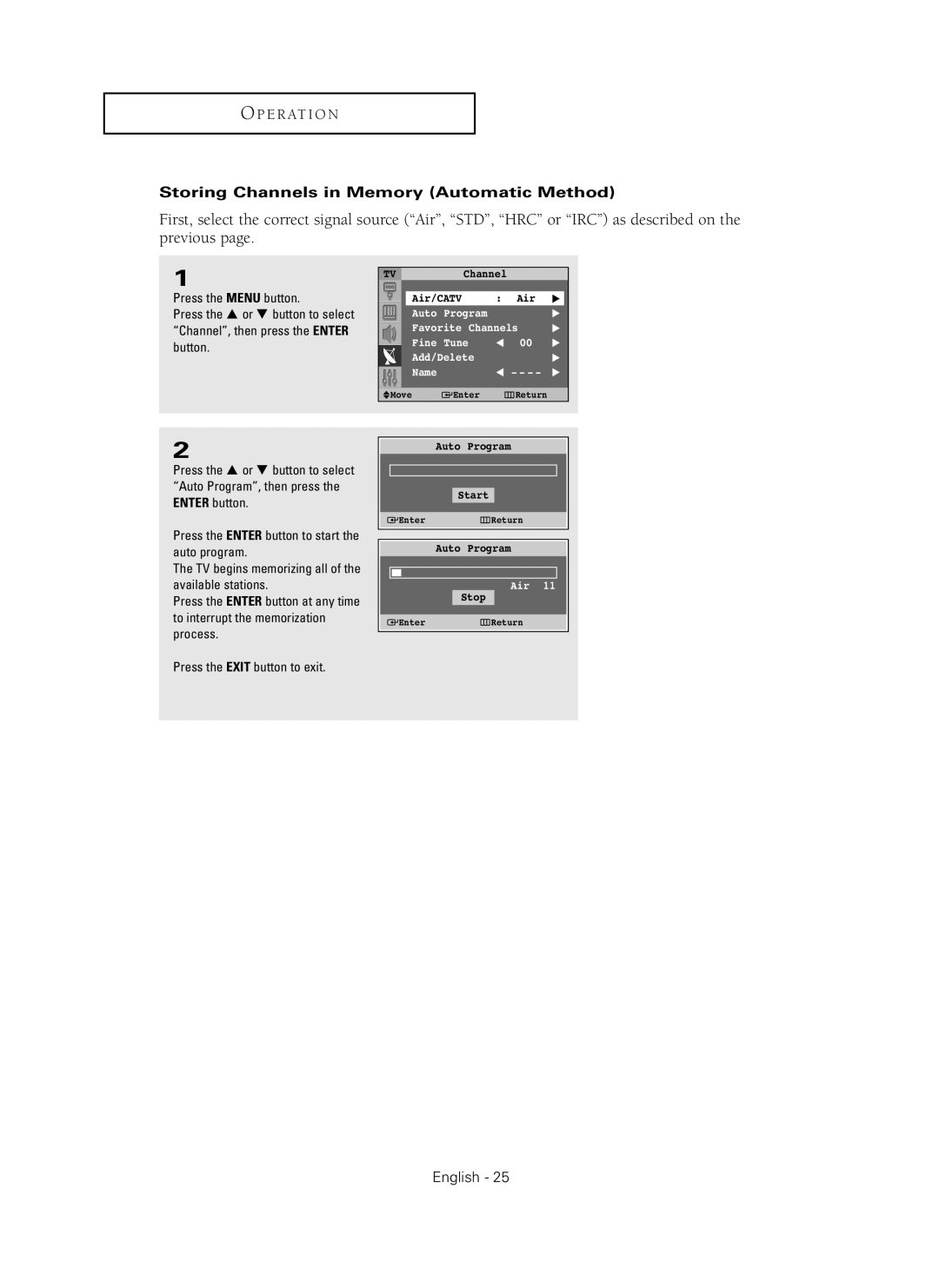 Samsung HC-P4241W manual Storing Channels in Memory Automatic Method 