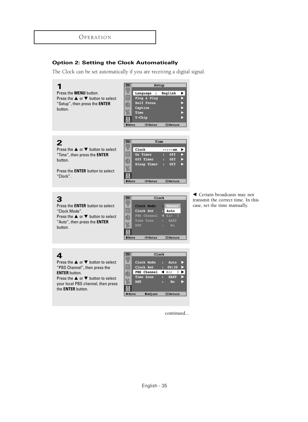 Samsung HC-P4241W manual Option 2 Setting the Clock Automatically 