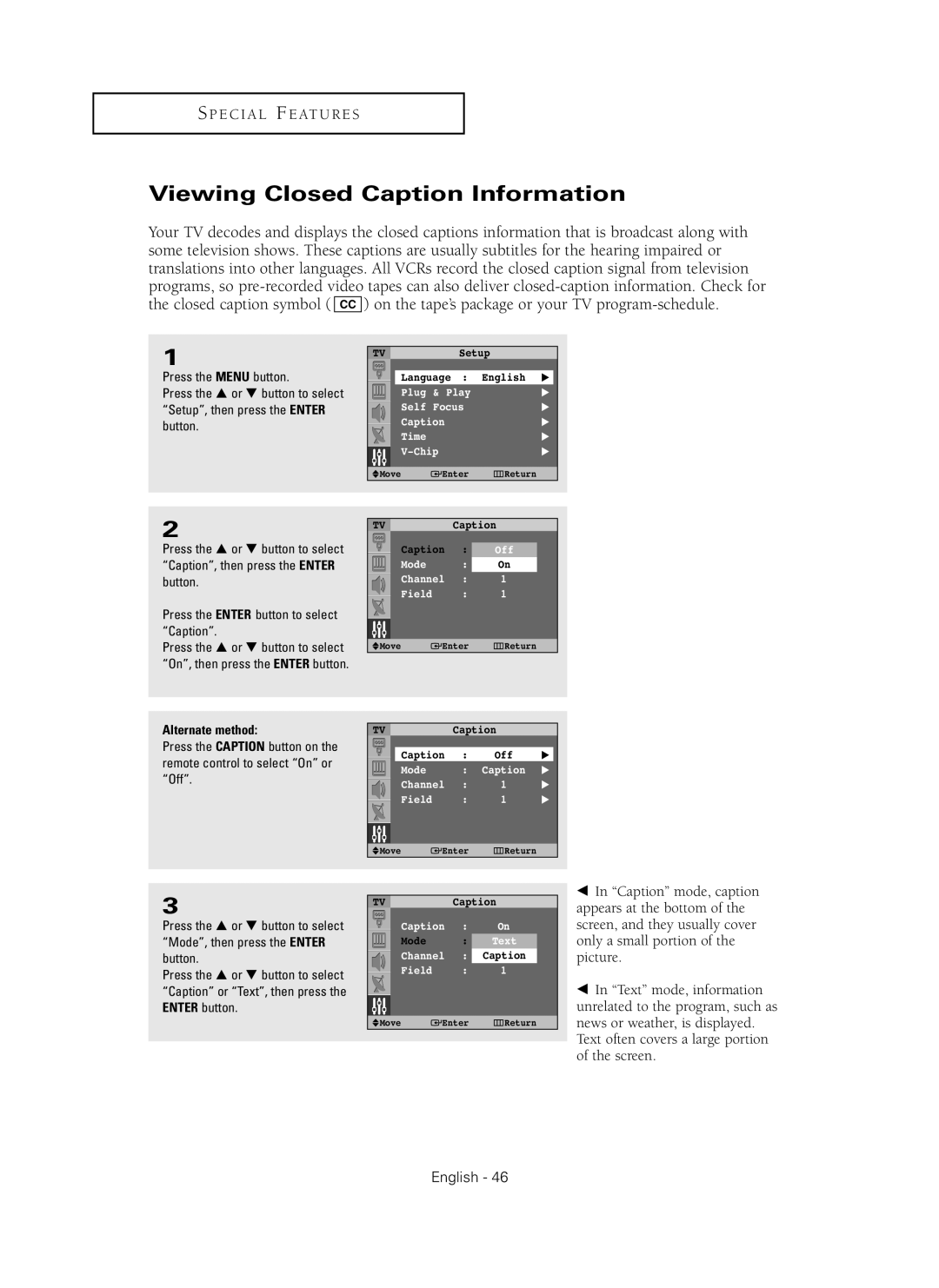 Samsung HC-P4241W manual Viewing Closed Caption Information 