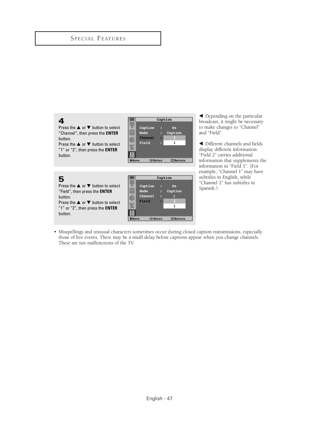 Samsung HC-P4241W manual Caption Mode Channel Field 