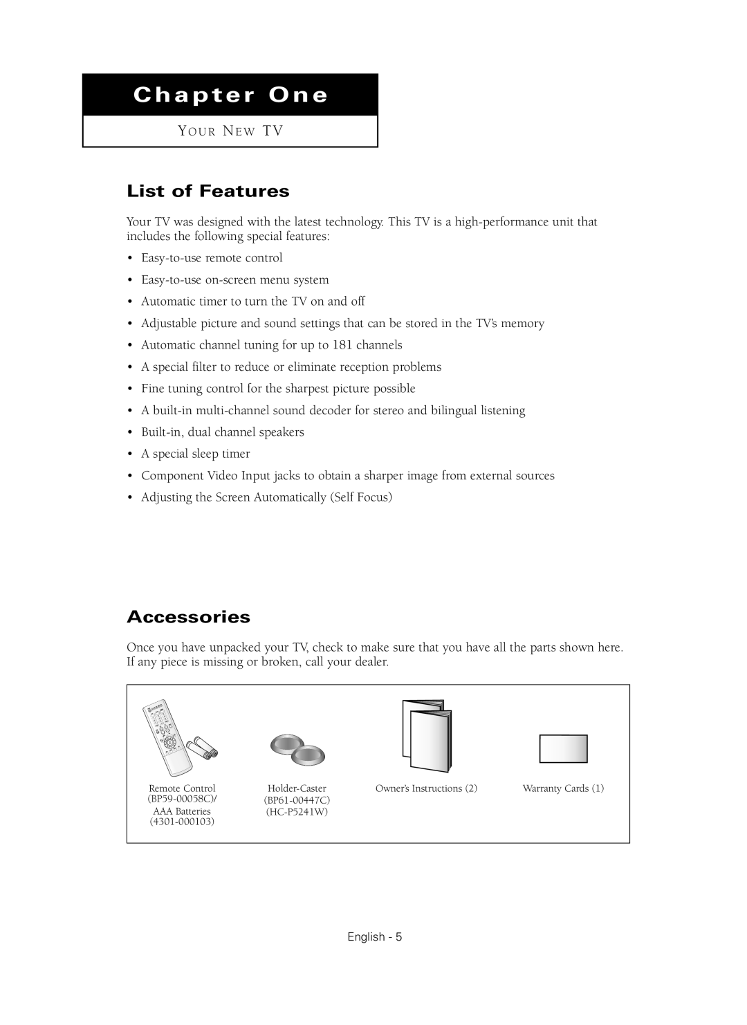 Samsung HC-P4241W manual List of Features, Accessories 