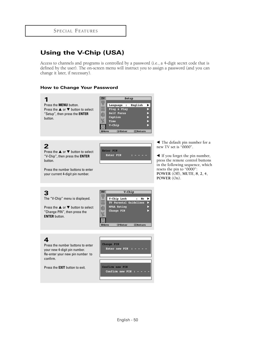 Samsung HC-P4241W manual Using the V-Chip USA, How to Change Your Password 