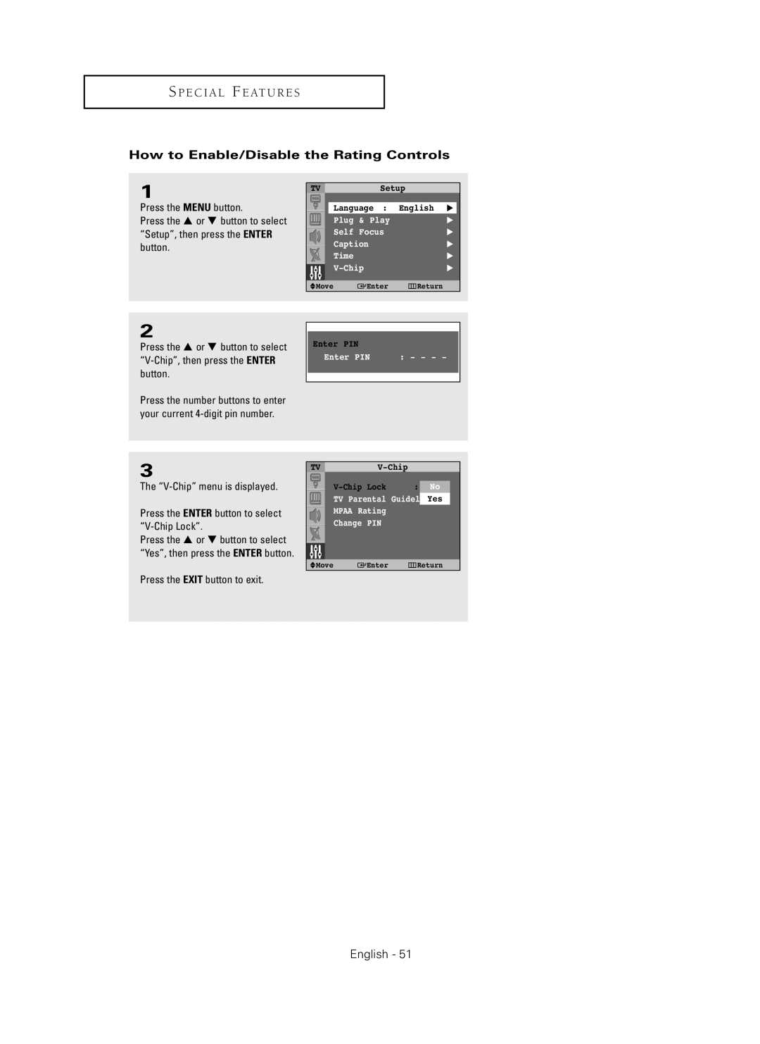 Samsung HC-P4241W manual How to Enable/Disable the Rating Controls 