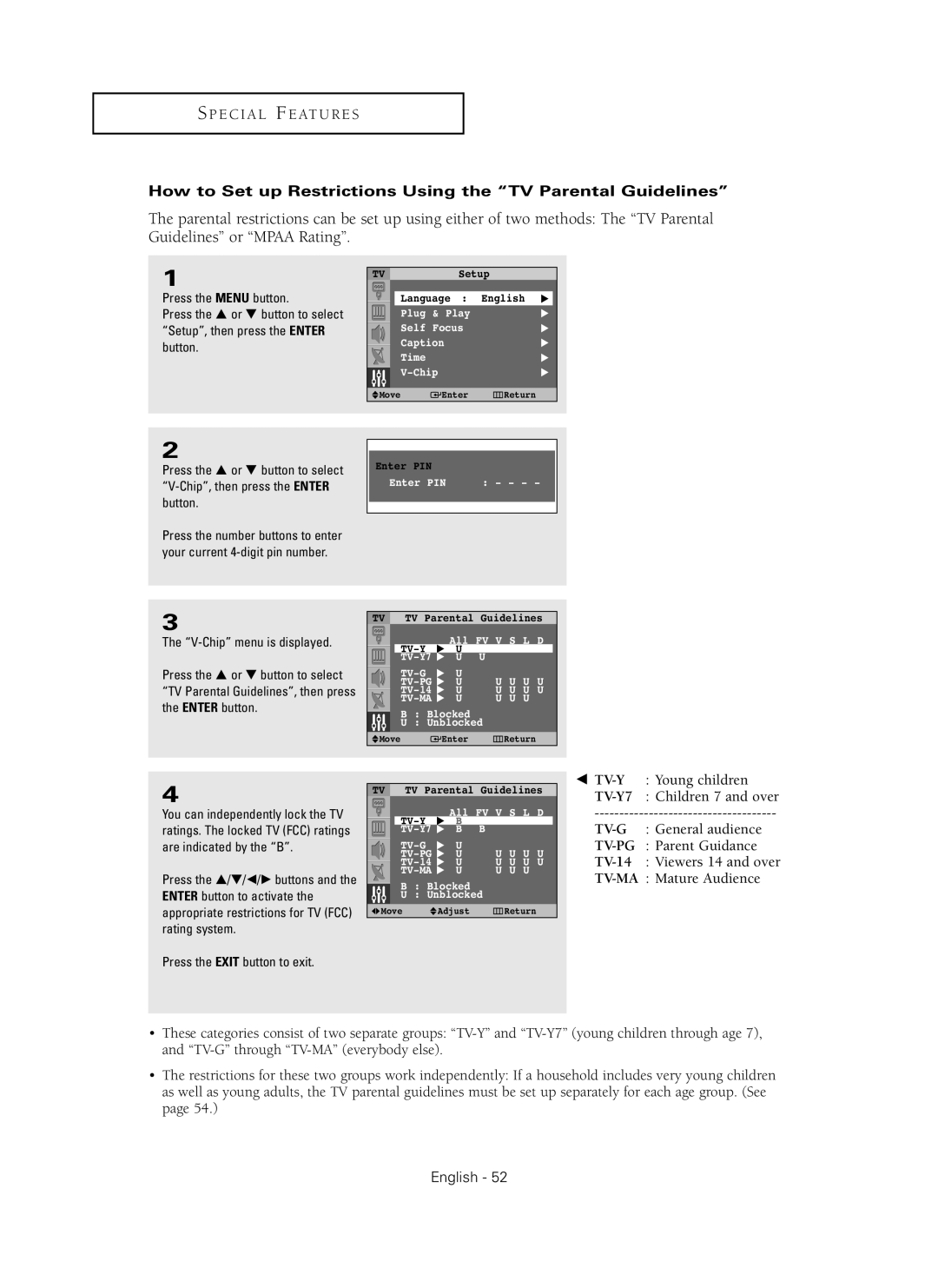 Samsung HC-P4241W manual How to Set up Restrictions Using the TV Parental Guidelines 