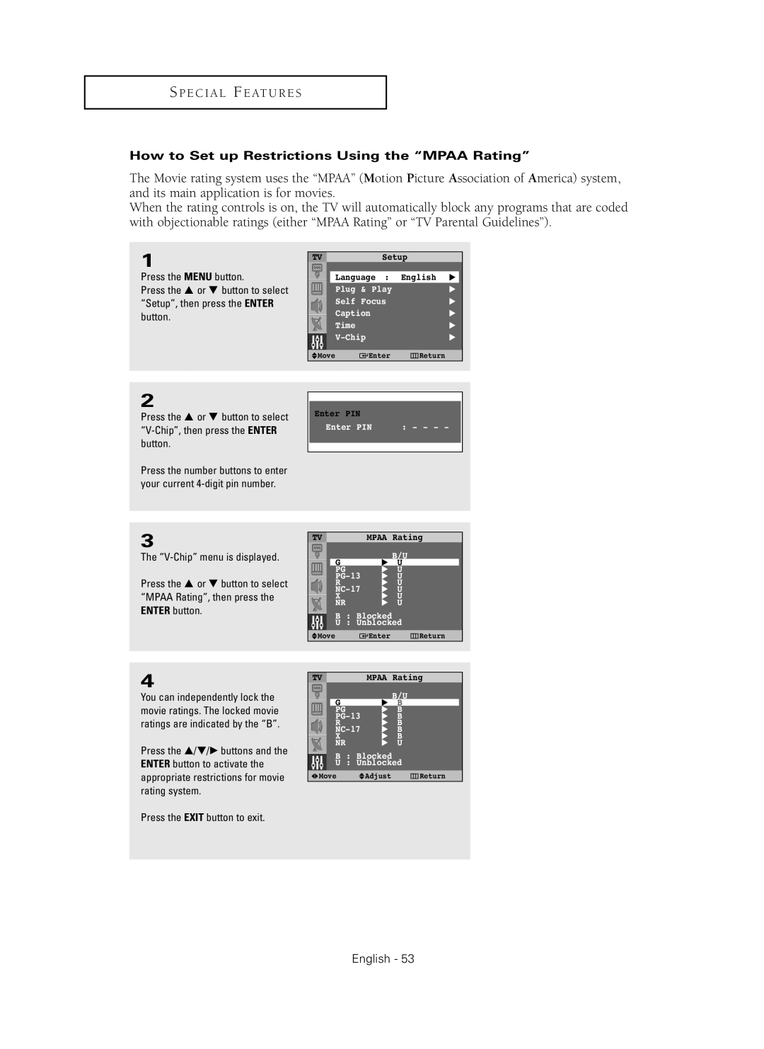 Samsung HC-P4241W manual How to Set up Restrictions Using the Mpaa Rating 