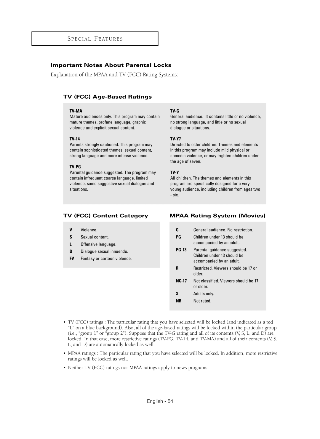 Samsung HC-P4241W manual Important Notes About Parental Locks, TV FCC Age-Based Ratings, TV FCC Content Category 