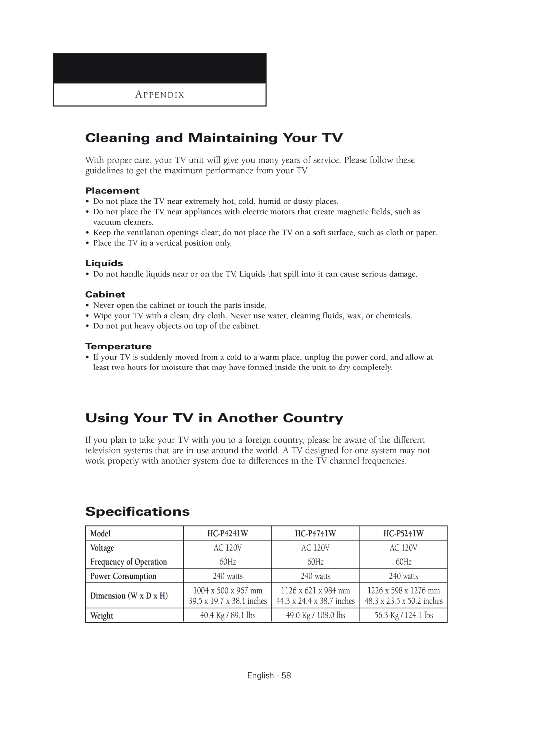 Samsung HC-P4241W manual Cleaning and Maintaining Your TV, Using Your TV in Another Country, Specifications 