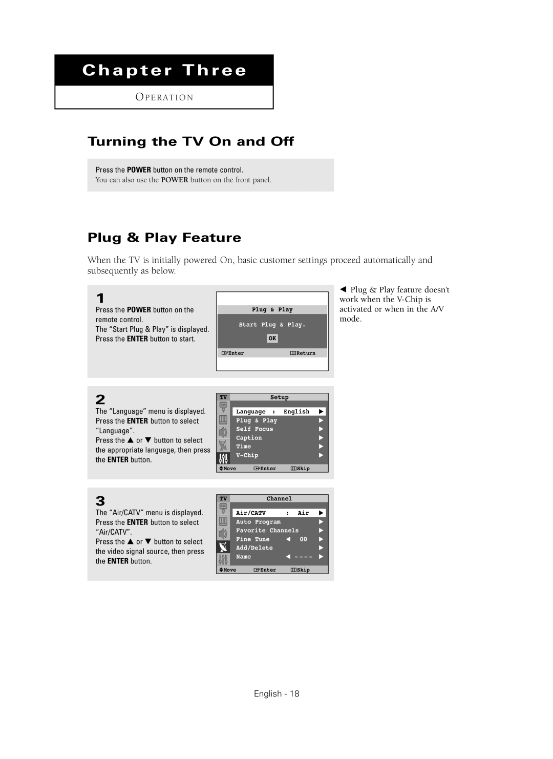 Samsung HC-P4241W manual Chapter Three, Turning the TV On and Off, Plug & Play Feature, O P E R At I O N, English 