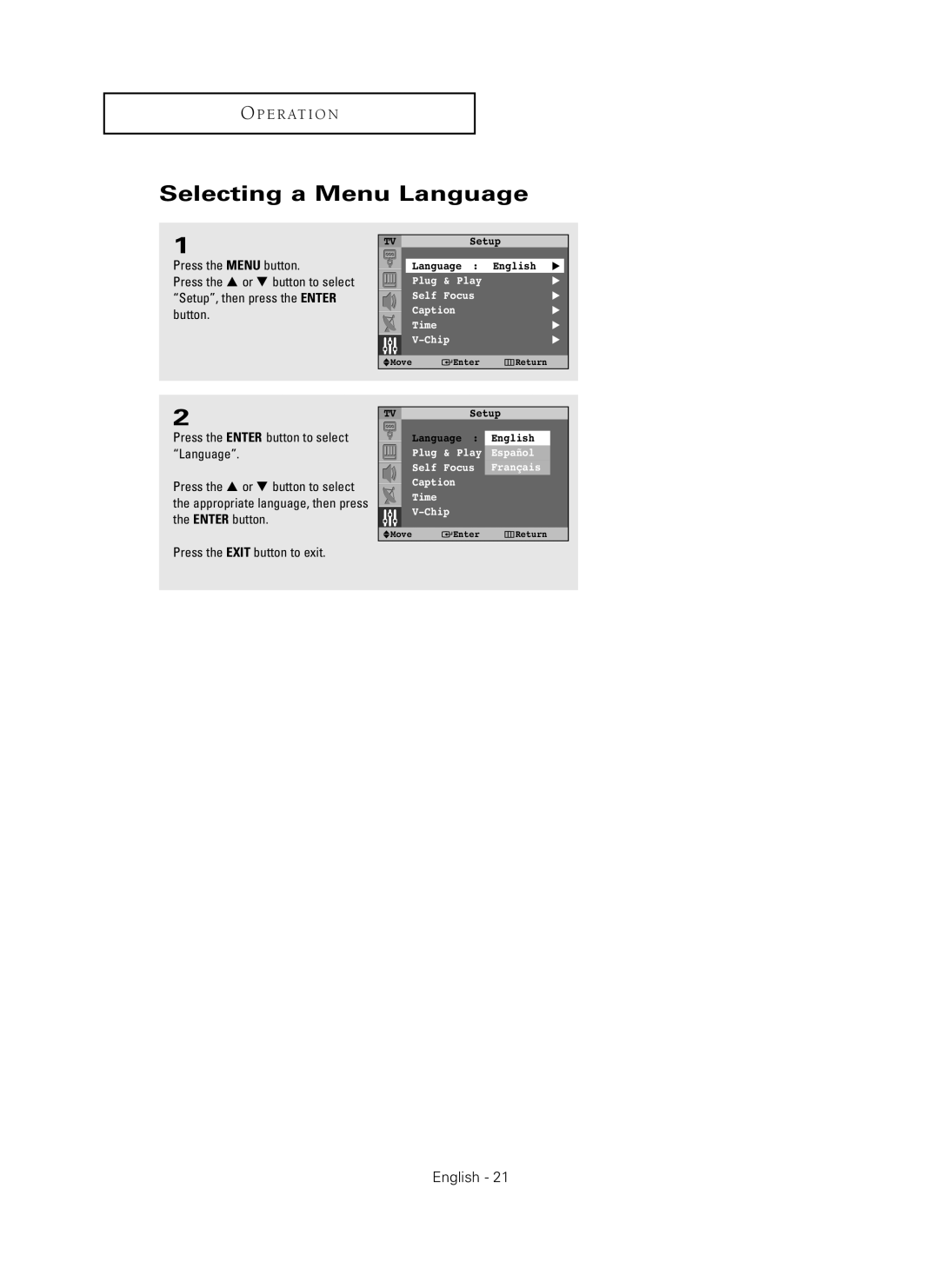 Samsung HC-P4241W manual Selecting a Menu Language, O P E R At I O N, TVSetup Language English 