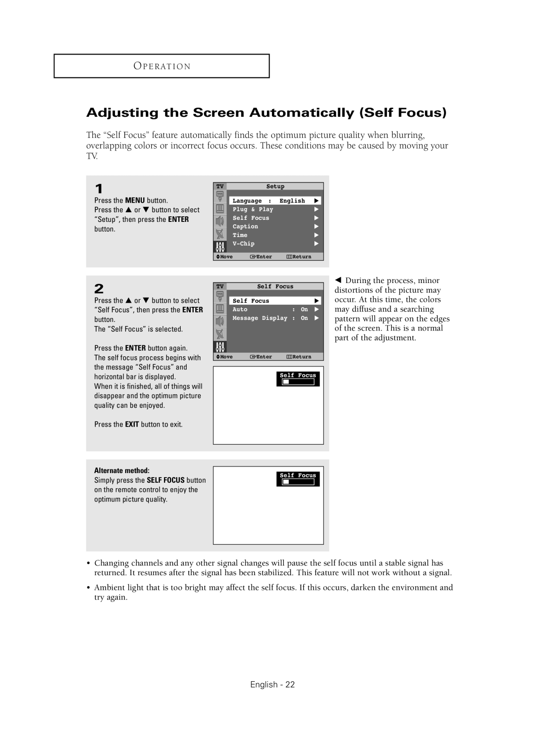 Samsung HC-P4241W manual Adjusting the Screen Automatically Self Focus, Alternate method 