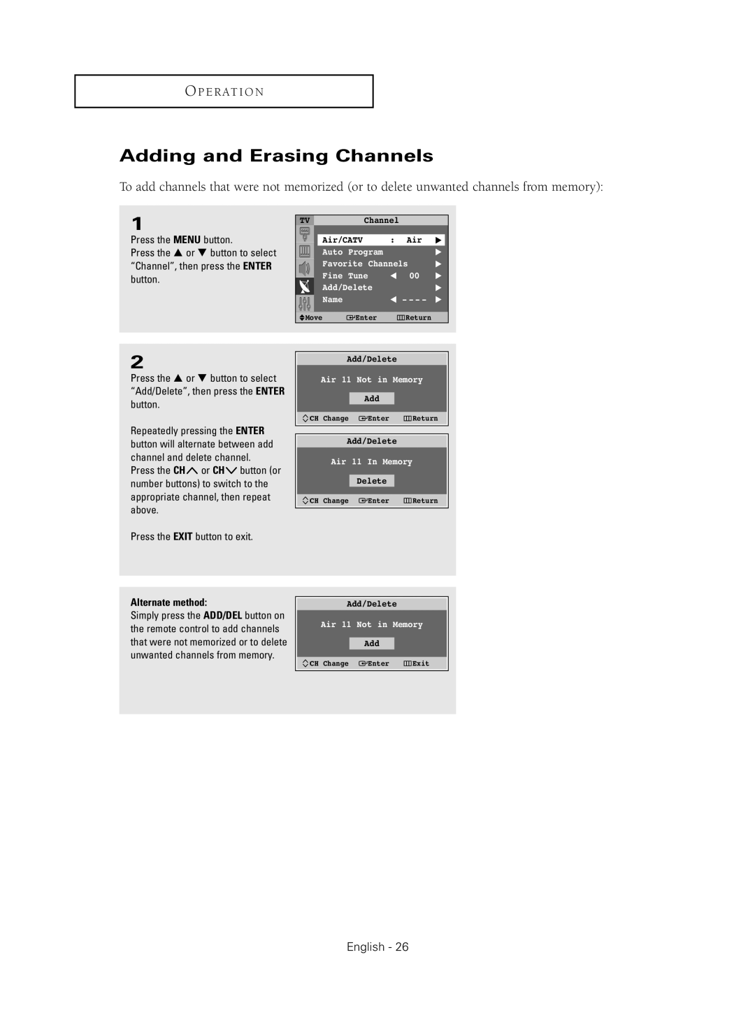 Samsung HC-P4241W manual Adding and Erasing Channels, O P E R At I O N, English, Add/Delete 