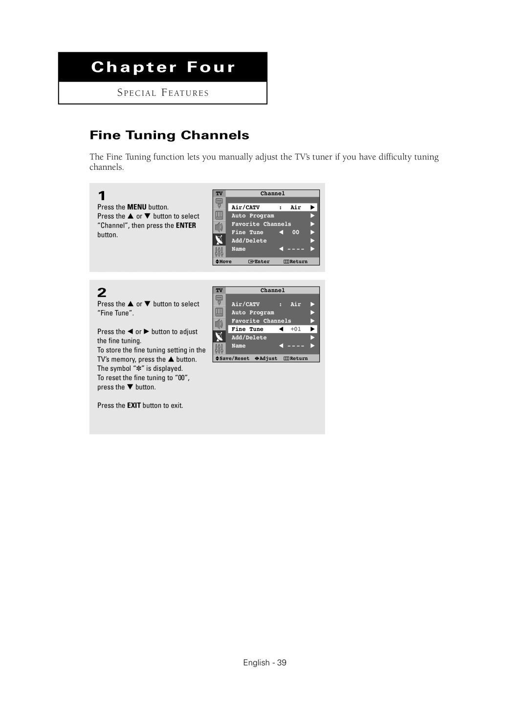 Samsung HC-P4241W manual Chapter Four, Fine Tuning Channels, S P E C I A L F E At U R E S, English 