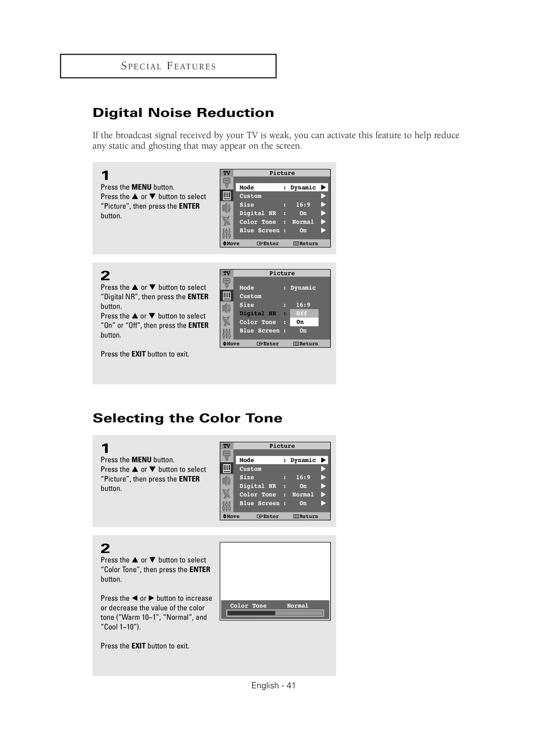 Samsung HC-P4241W Digital Noise Reduction, Selecting the Color Tone, S P E C I A L F E At U R E S, English, TV Picture 