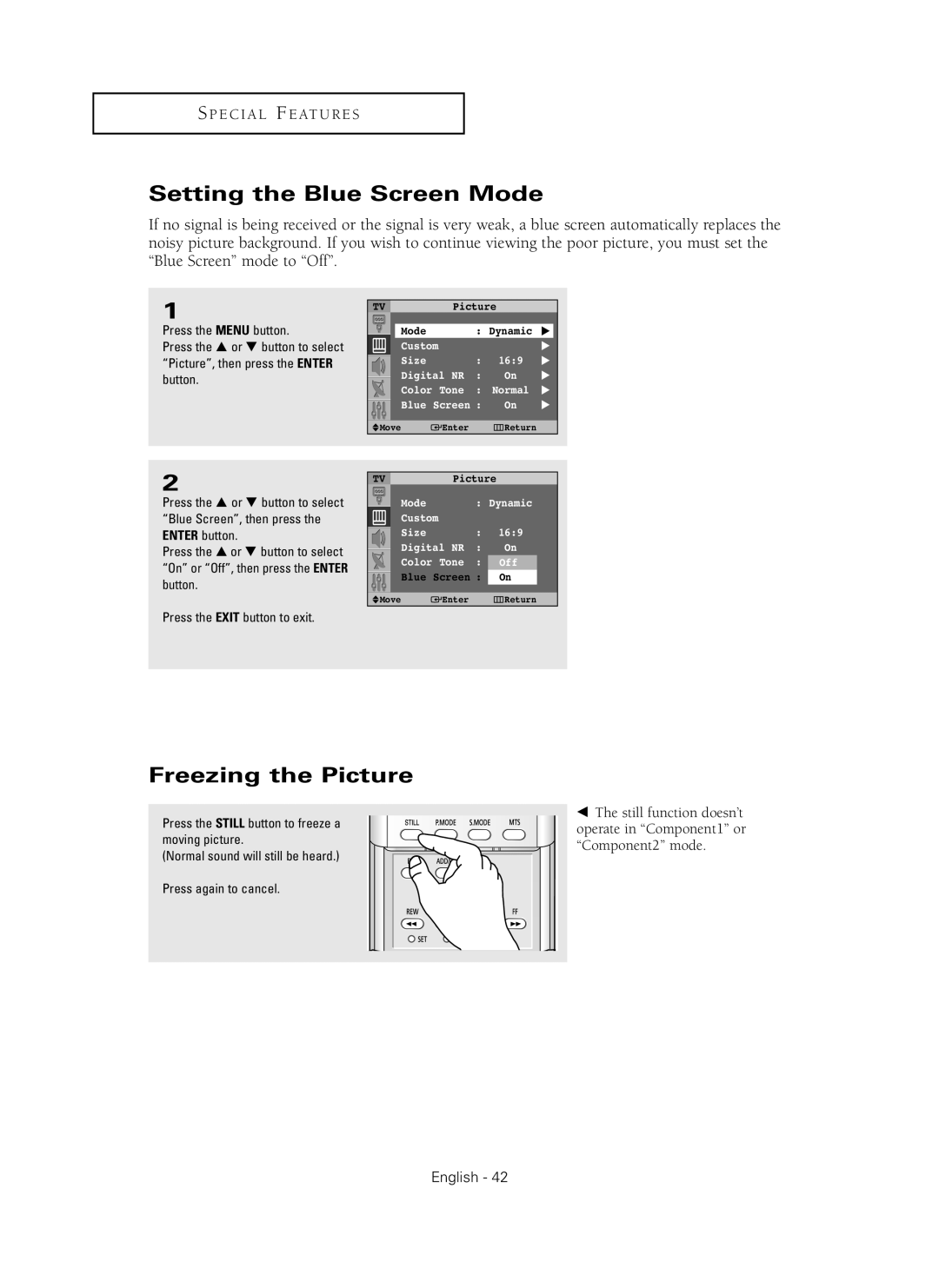 Samsung HC-P4241W manual Setting the Blue Screen Mode, Freezing the Picture, S P E C I A L F E At U R E S, English, button 