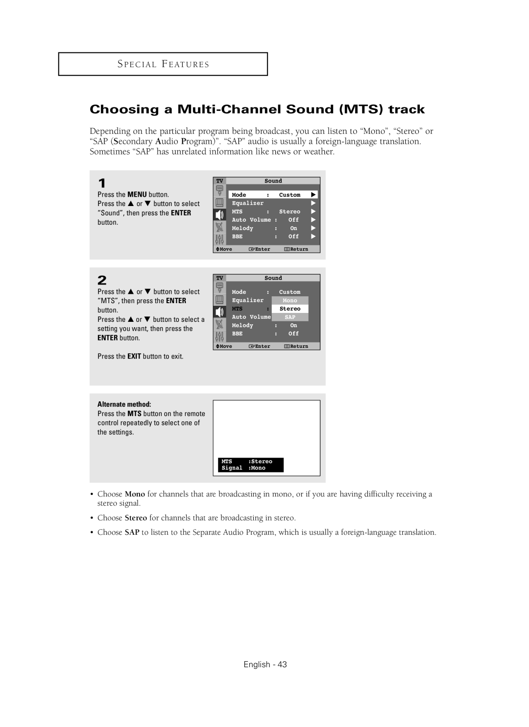 Samsung HC-P4241W Choosing a Multi-Channel Sound MTS track, Choose Stereo for channels that are broadcasting in stereo 