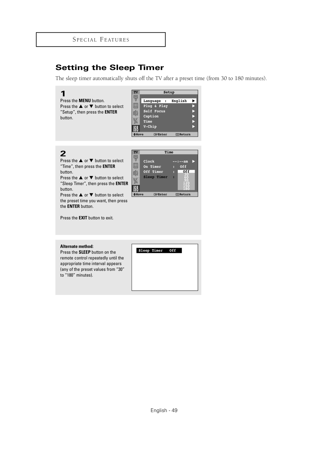 Samsung HC-P4241W manual Setting the Sleep Timer, S P E C I A L F E At U R E S, English 