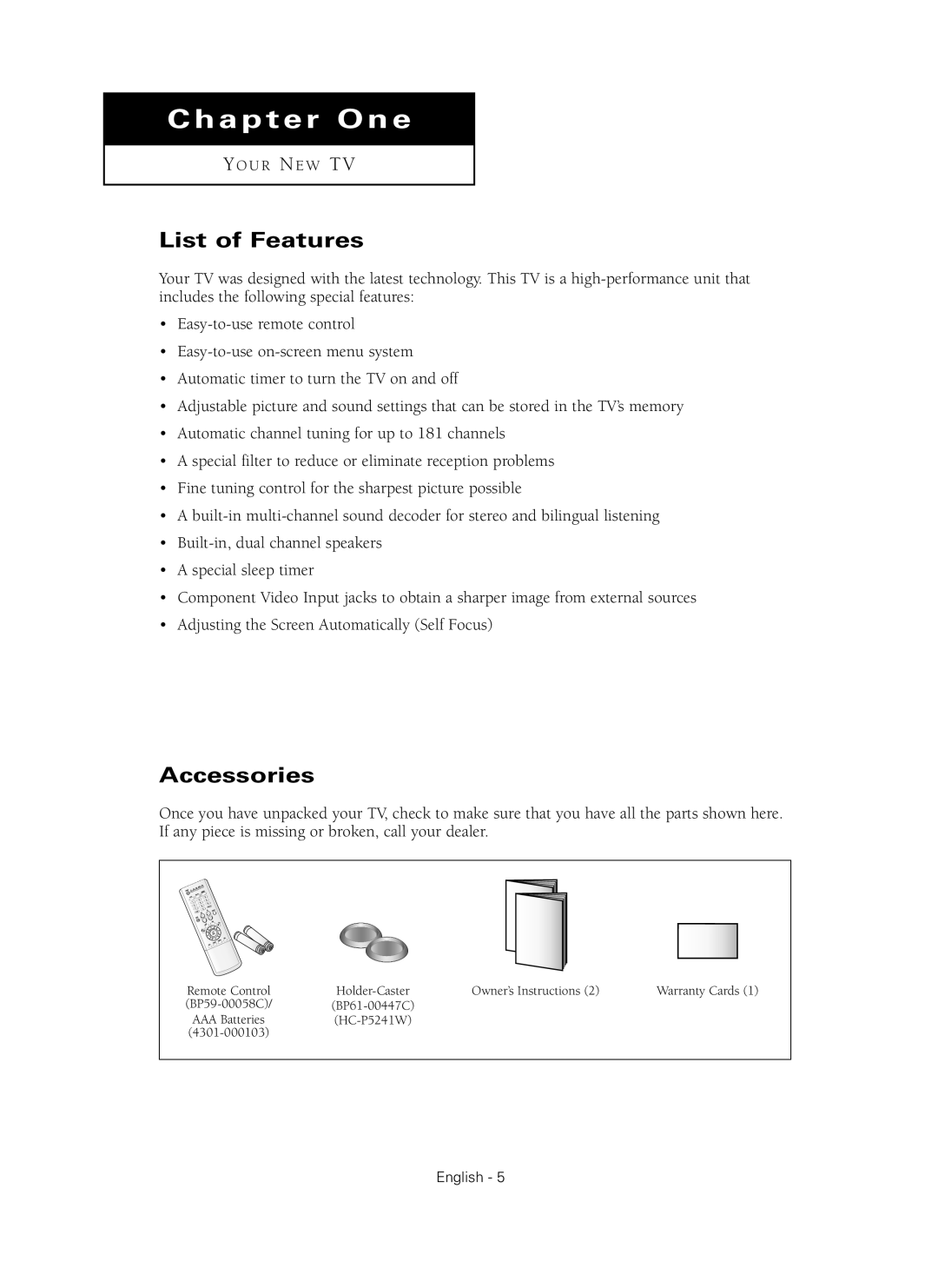 Samsung HC-P4241W manual Chapter One, List of Features, Accessories 