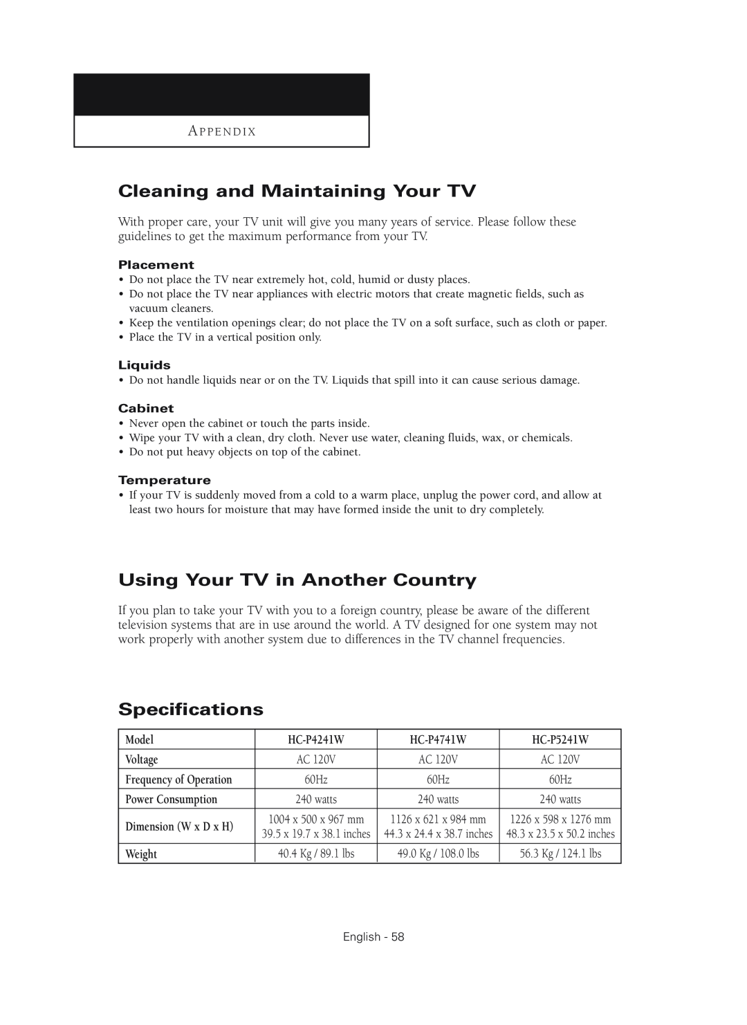 Samsung HC-P4241W Cleaning and Maintaining Your TV, Using Your TV in Another Country, Specifications, Model, HC-P4741W 
