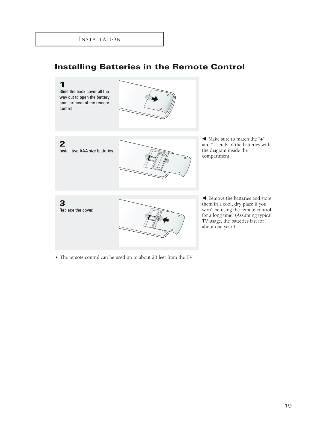 Samsung HC-P5252W, HC-P4252W, HC-P4752W manual Installing Batteries in the Remote Control 