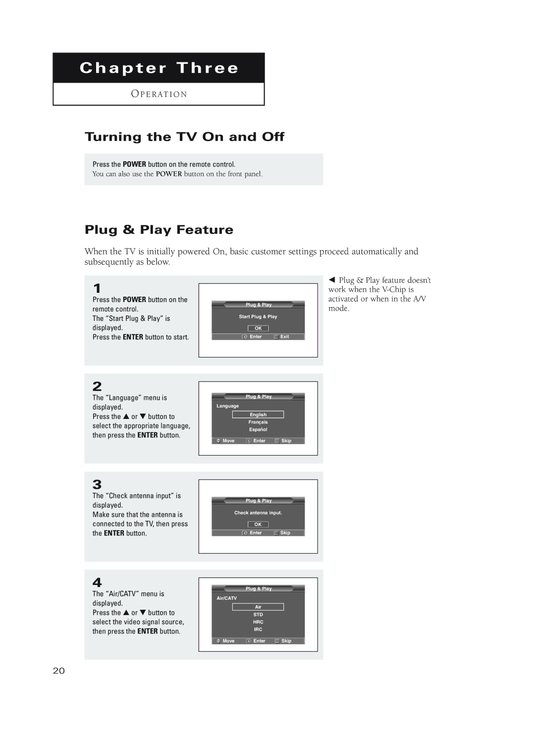 Samsung HC-P4752W, HC-P4252W, HC-P5252W manual Turning the TV On and Off, Plug & Play Feature 