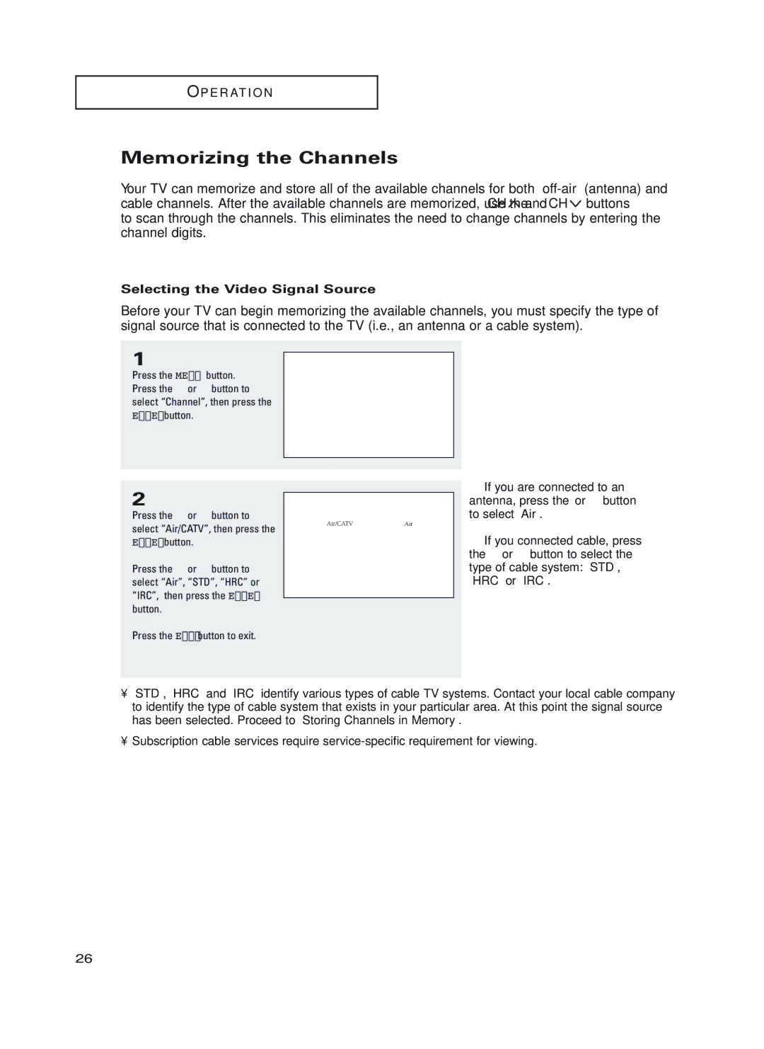 Samsung HC-P4752W, HC-P4252W, HC-P5252W manual Memorizing the Channels, Selecting the Video Signal Source 