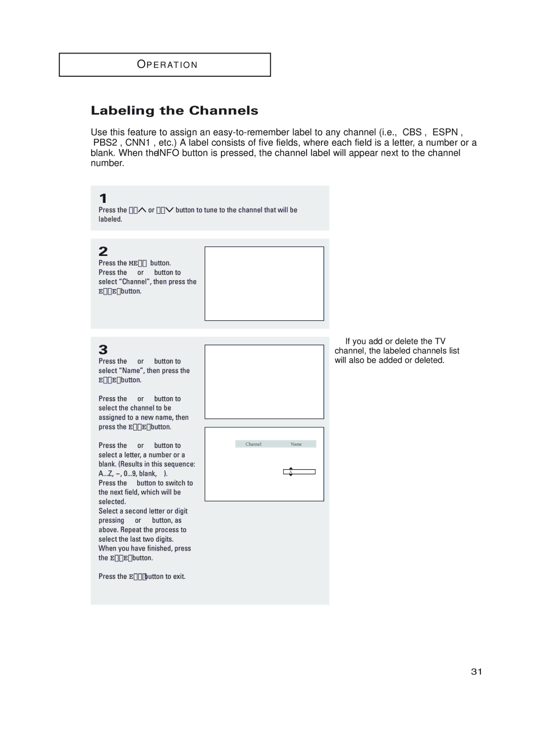 Samsung HC-P5252W, HC-P4252W, HC-P4752W manual Labeling the Channels, Enter button 