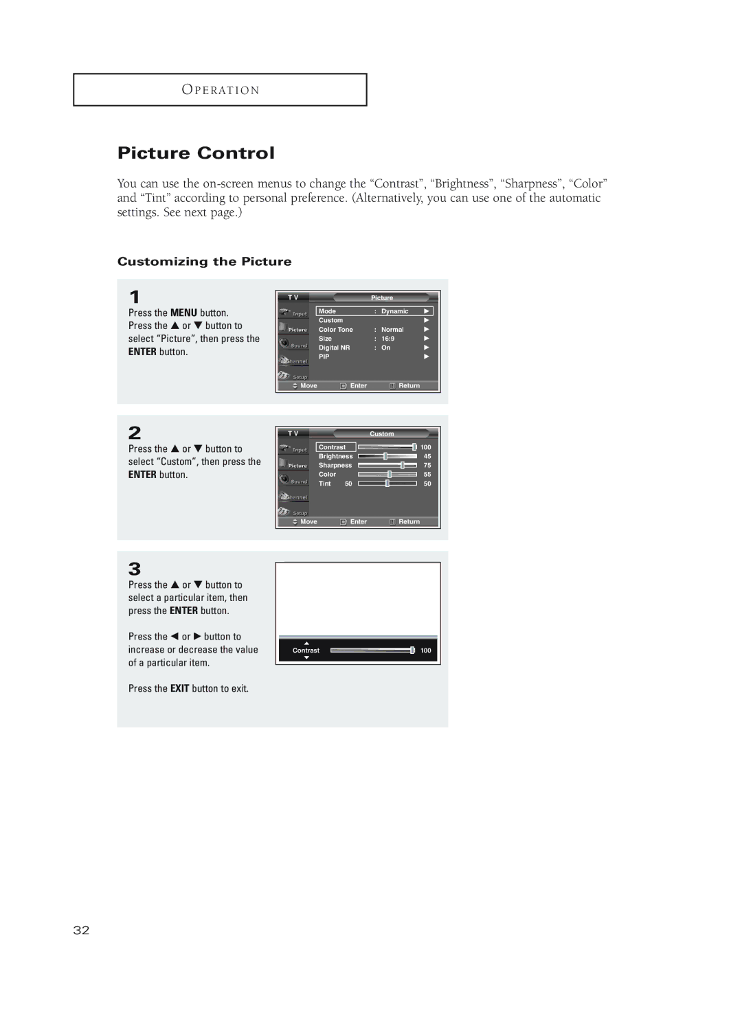 Samsung HC-P4752W, HC-P4252W, HC-P5252W manual Picture Control, Customizing the Picture 