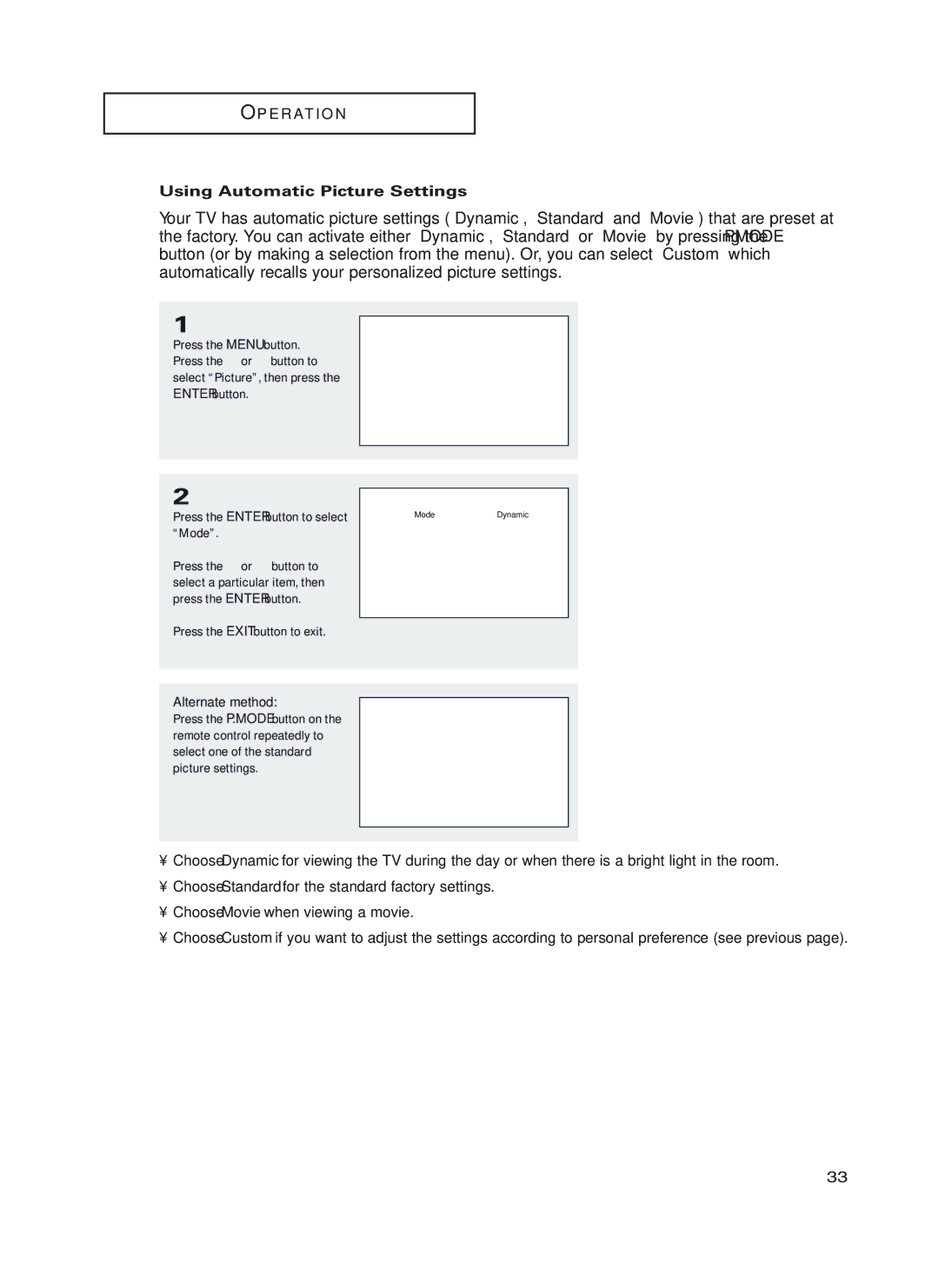 Samsung HC-P4252W, HC-P5252W, HC-P4752W manual Using Automatic Picture Settings 