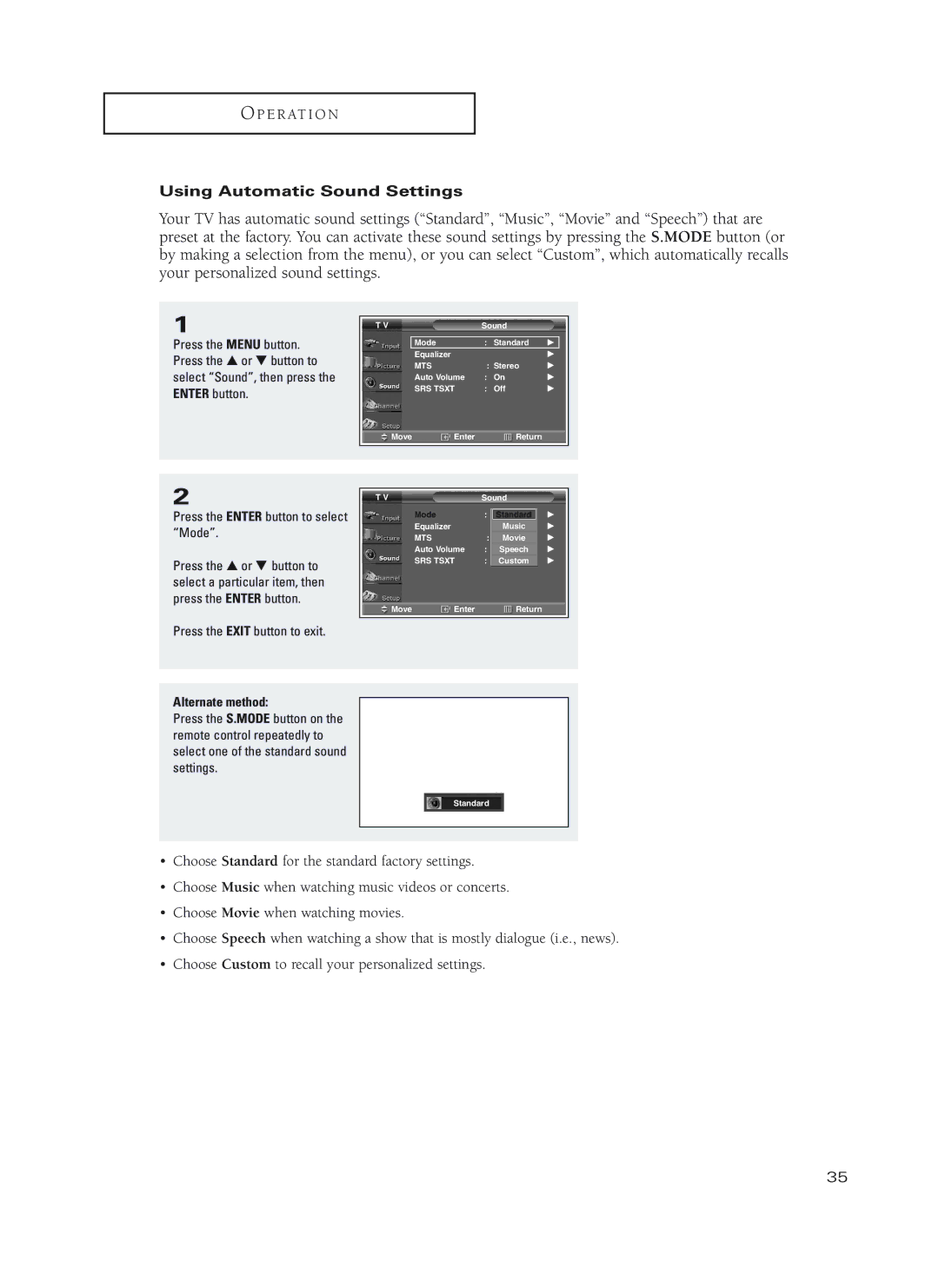 Samsung HC-P4752W, HC-P4252W, HC-P5252W manual Using Automatic Sound Settings 